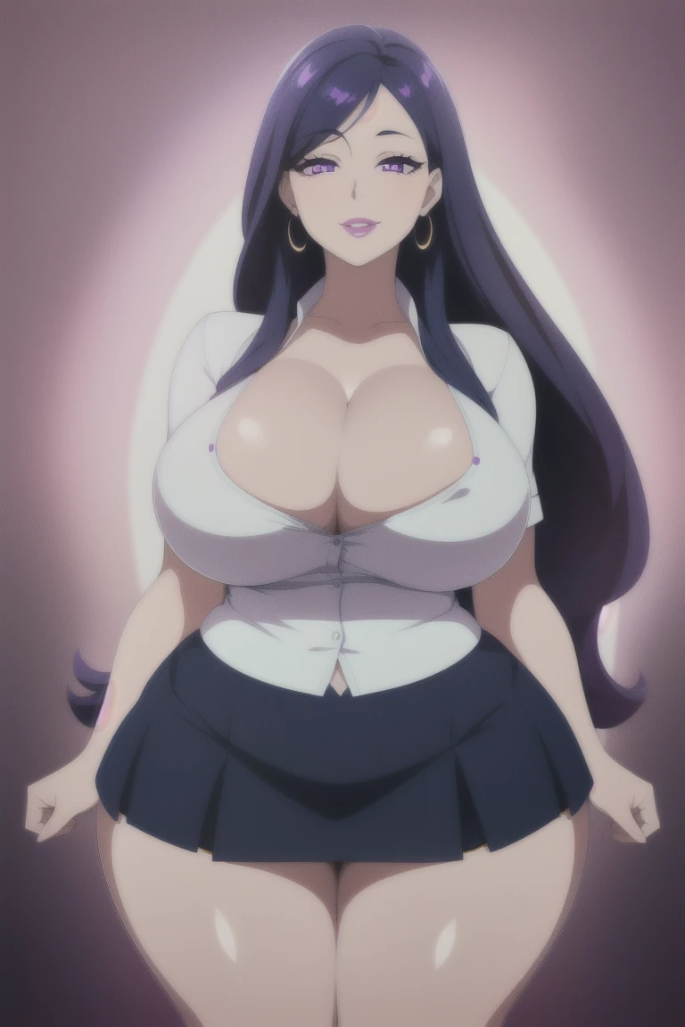 1 girl, long blue hair, purple eyes, earrings, puffy lips, painted lips, thick lips, smiling face, wide hips, thick thighs, huge round ass, huge natural breasts, skirt, school teacher, professor, cleavage