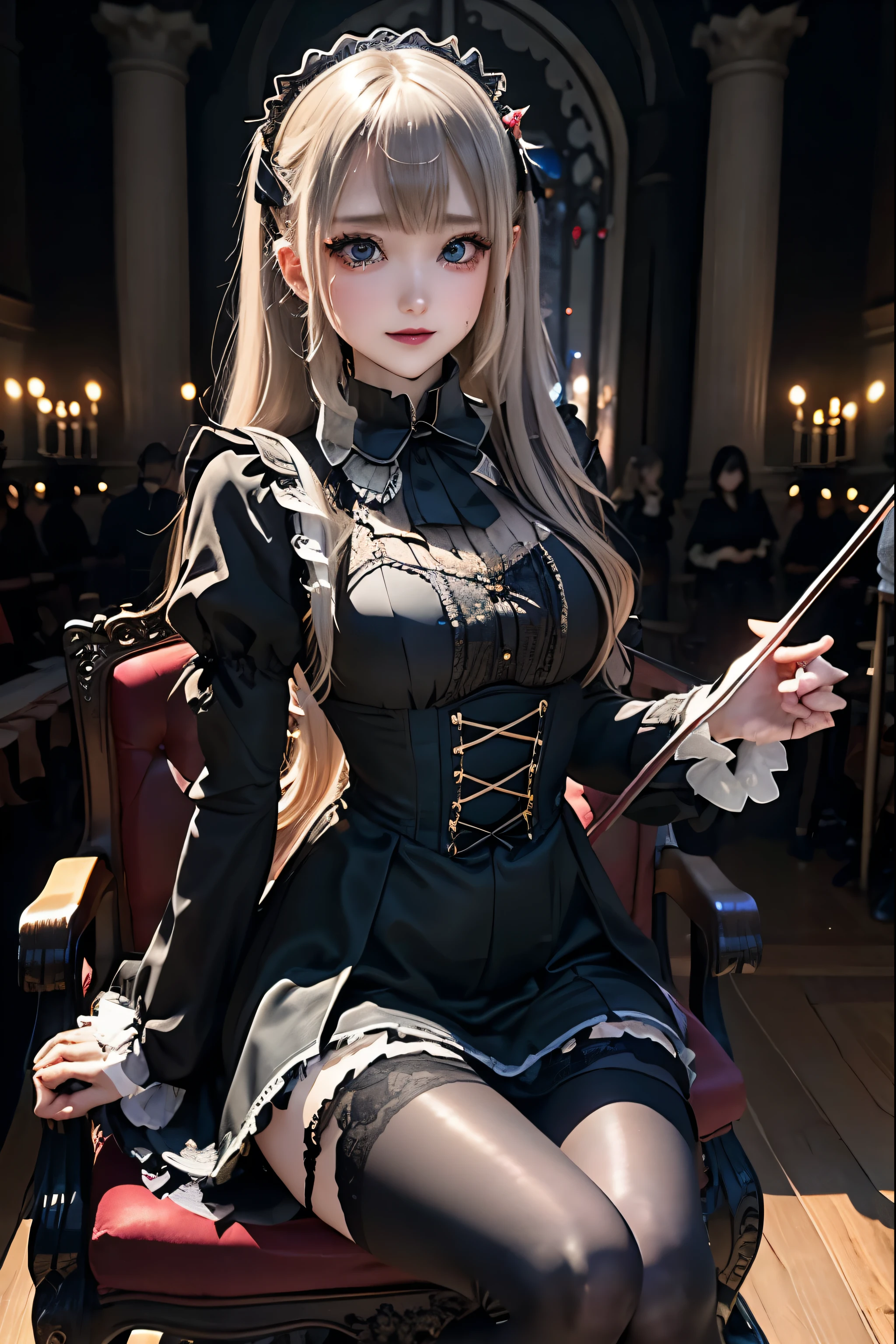 Hard Dark Gothic Makeup、Deep Night Sky、Horror、Black dark eyeshadow、sad、Good skin radiance、Dark Gothicメイク、Dark smile、palace、24-years-old、Embarrassed look、Dark Gothic、Obscene language、highest quality、Drunk face、紫のMaid clothes、Mysterious、Noble、sexy、Loving smile、Right blue eye, Left eye is red、Platform Heel Shoes、Heavy makeup、Gothic ta Clothing、Silver Hair、Long Hair Straight Hair、Cute Gothic Loliress、Beautiful Face、elegant features、Fascinating face、Stained glass is the background、Chest glistening with sweat、The room is dark、gothic long dress、Bell Sleeves、Wizard Sleeve、Decadent look、Sexually excited expression、Glossy thighs wet with water、Thighs that are wet and shiny with oil、Background of a room full of roses、The embroidery is pink、The dress has pink embroidery、Thigh-high socks、Knee-high socks、Gentle expression、Dark black eyeshadow、Stained glass and rose background、Female Duo、Female couple、dark church background、Stained glass、Black metal world、Dark Castle、Slender body、gothic long dresaid clothes、Victorian dresses、Her thighs glisten with sweat、My body is wet and shiny、Lots of glitter on the thighy thighs are sticky from sweating、Sweat glistens on the thighs, The whole body is sweaty and shiny、Quite sweaty、My thighs are sweaty、My thighs are so wet、My thighs are shining with sweat、A lot of sweat glistens all over the body、Small breasts、Orchestra StageStage、Dynamic Angle、sitting on a gothic chair、Play the violin gracefully、With a violin、Press the violin strings、violinist、orchestra performance、Thin thighs、slender、Violin body and strings、Sit on a chair、pantyhose、Hime cut straight hair、