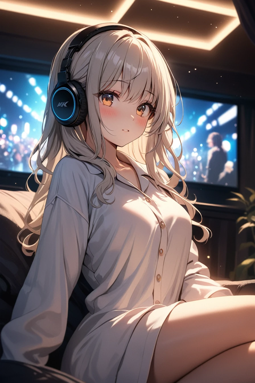 highest quality, Ultra-high resolution, One girl, Evening attire、pajamas、cute,(Platinum Blonde Hair:1), ((Puffy eyes)), View Viewer(Depth of Field HDR 8K 4K Wallpaper Cinematic Angle, Cinema Lighting,:1.5) (masterpiece, highest quality:2.0),headphone,listen to music