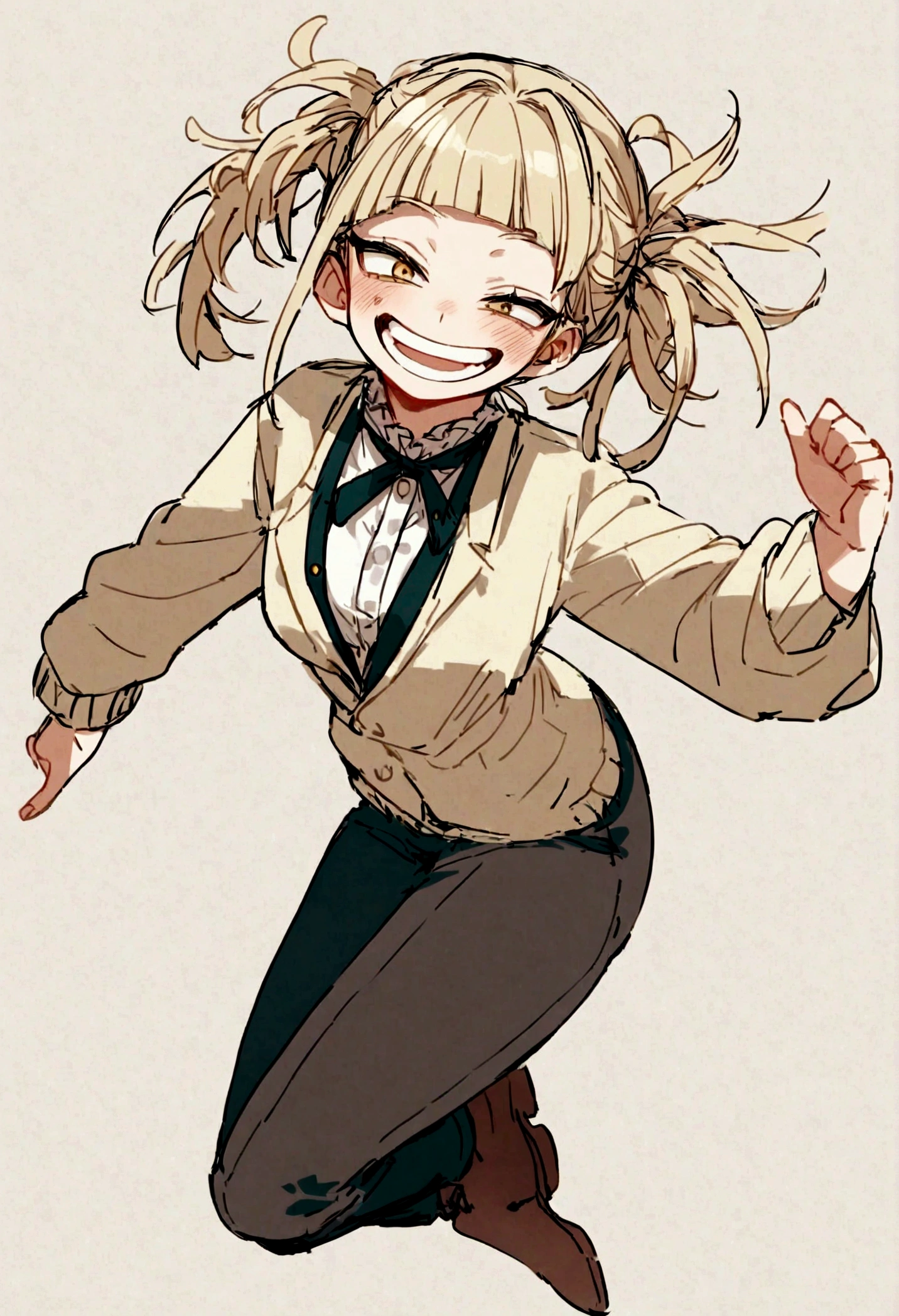 toga from my hero academia, full body jumping, happy face, cute face.