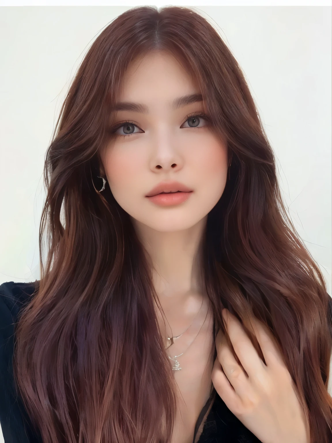a closeup of a woman with long brown hair and a necklace, brown pelo largo con flequillo, pale skin suave natural, Brown hair with bangs, cara redonda y suave, coral brown hair, long red brown hair, brown bangs, pale skin, suave e impecable, reddish brown hair, pretty face with brown and red hair, Peinado recto, con cara redonda, pelo largo con flequillo