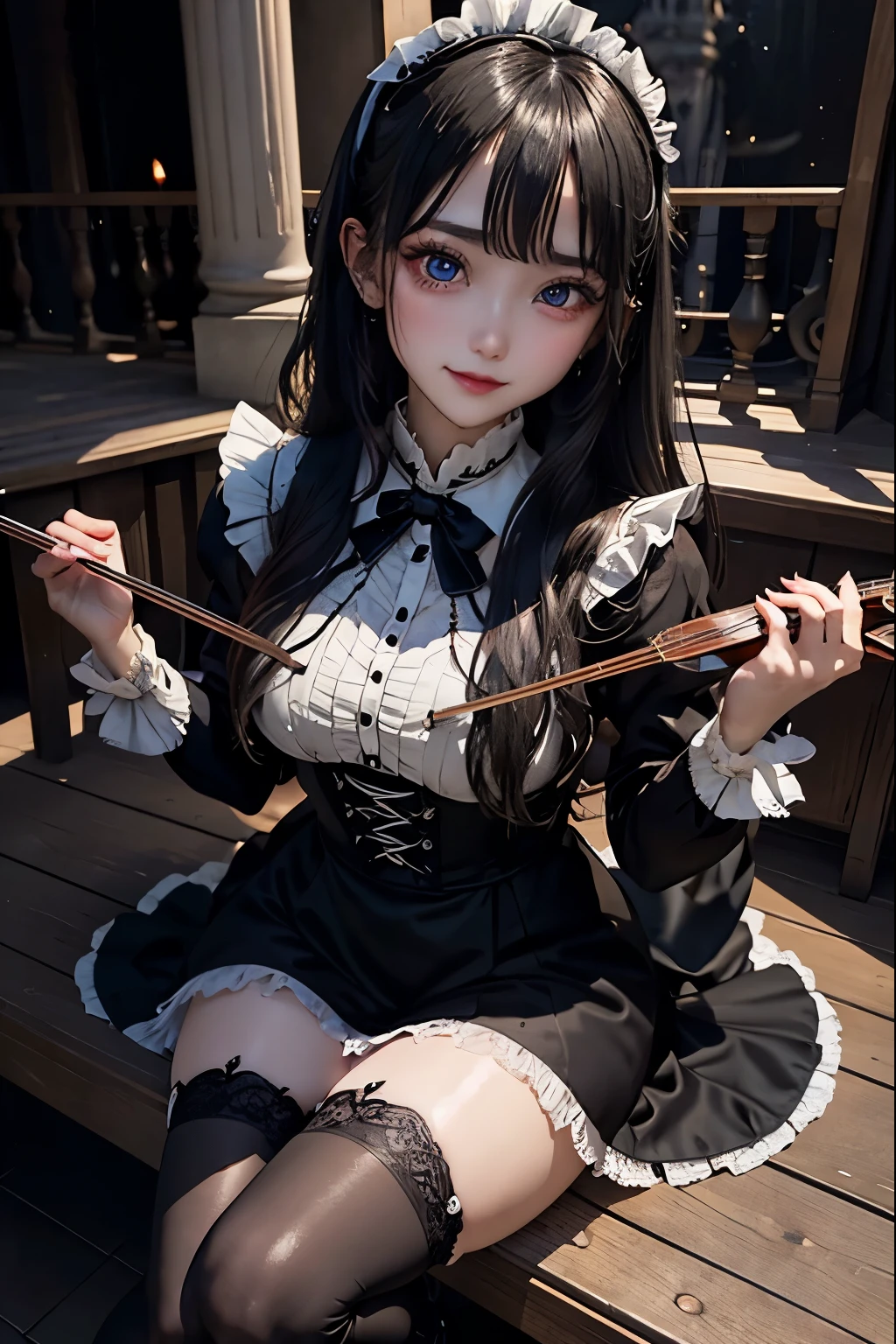 ハードDark Gothicメイク、Deep Night Sky、Horror、Black dark eyeshadow、sad、Good skin radiance、Dark Gothicメイク、Dark smile、palace、24-years-old、Embarrassed look、Dark Gothic、Obscene language、highest quality、Drunk face、紫のMaid clothes、Mysterious、Noble、sexy、Loving smile、Right blue eye, Left eye is red、Platform Heel Shoes、Heavy makeup、Gothic Lolita Clothing、Silver Hair、Long Hair Straight Hair、Cute Gothic Lolita Dress、Beautiful Face、elegant features、Fascinating face、Stained glassが背景、Chest glistening with sweat、The room is dark、gothic long dress、Bell Sleeves、Wizard Sleeve、Decadent look、Sexually excited expression、Glossy thighs wet with water、Thighs that are wet and shiny with oil、Background of a room full of roses、The embroidery is pink、The dress has pink embroidery、Thigh-high socks、Knee-high socks、Gentle expression、Dark black eyeshadow、Stained glassと薔薇背景、Female Duo、Female couple、dark church background、Stained glass、Black metal world、Dark Castle、Slender body、gothic long dress、Maid clothes、Victorian dresses、Her thighs glisten with sweat、My body is wet and shiny、Lots of glitter on the thighs、My thighs are sticky from sweating、Sweat glistens on the thighs, The whole body is sweaty and shiny、Quite sweaty、My thighs are sweaty、My thighs are so wet、My thighs are shining with sweat、A lot of sweat glistens all over the body、Small breasts、Orchestra StageStage、Dynamic Angle、sitting on a gothic chair、Play the violin gracefully、With a violin、Press the violin strings、violinist、orchestra performance、Thin thighs、slender、Violin body and strings、Sit on a chair、pantyhose、Hime cut straight hair、