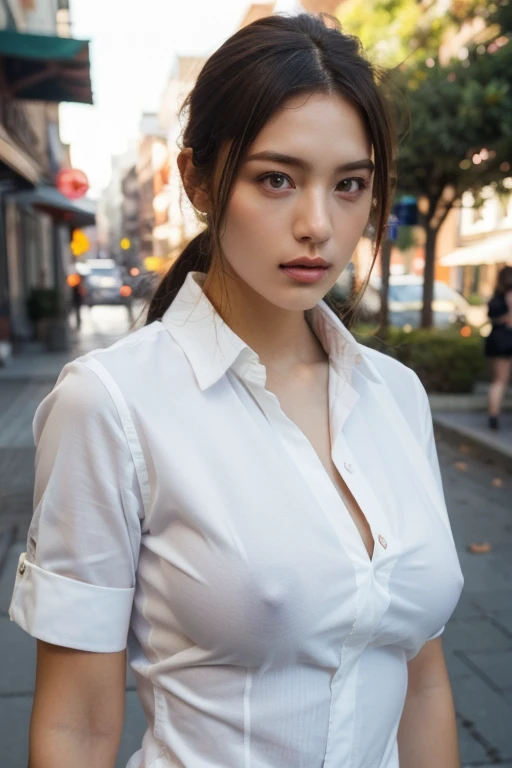 20 years old an adorable woman, (photorealistic:1.4, hyper realism), highly detailed CG unified 8K wallpapers, 1girl, hour glass body, (puffed big breast , ample cleavage, small tits), looking at viewer, (HQ skin:1.4), 8k uhd, dslr, soft lighting, high quality, film grain, Fujifilm XT3, sun-tanned lighting, half body shot, unbotton (open) white collared shirt, outdoor background, black straight hair
