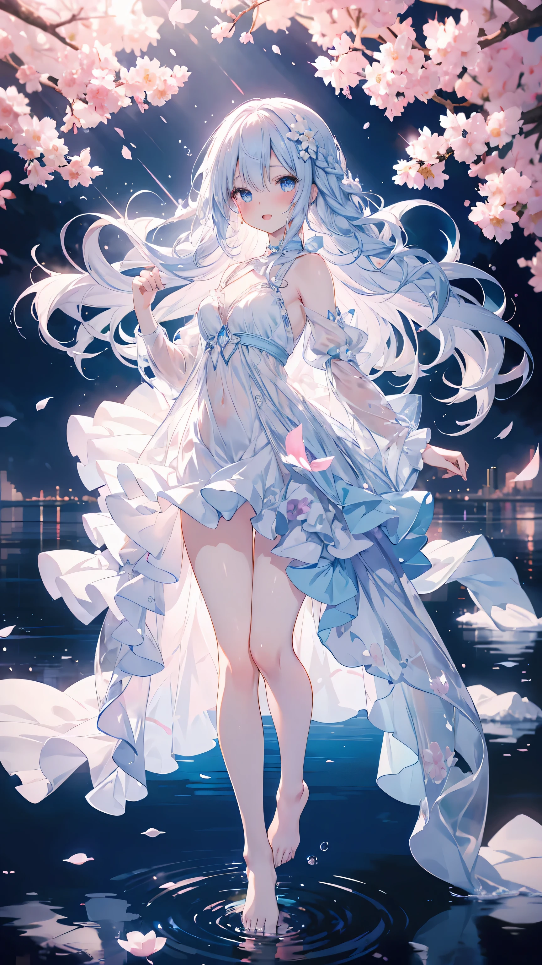 a woman with blue eyes and white hair wearing white ballet outfit dancing on water with lots of flowers, 1girl, reflection, long hair, dress, barefoot, solo, cherry blossoms, white dress, petals, ripples, water, arm up, hair ornament, beautiful anime girls, zerochan art, digital art on pixiv, guweiz on pixiv artstation, nightcore, pixiv, anime girls, trending on artstation pixiv, beautiful anime art style, beautiful anime artwork, (ultradetailed eyes), Dramatic, superfine illustration, Extremely detailed, 1girl in,teenager, (pale skin), long white hair, Ethereal eyes, Blue eyes,blush,Solo,Smile, Happy, Laugh, Enjoy, Open mouth, Pouty lips,Cinematic lighting, Looking at Viewer