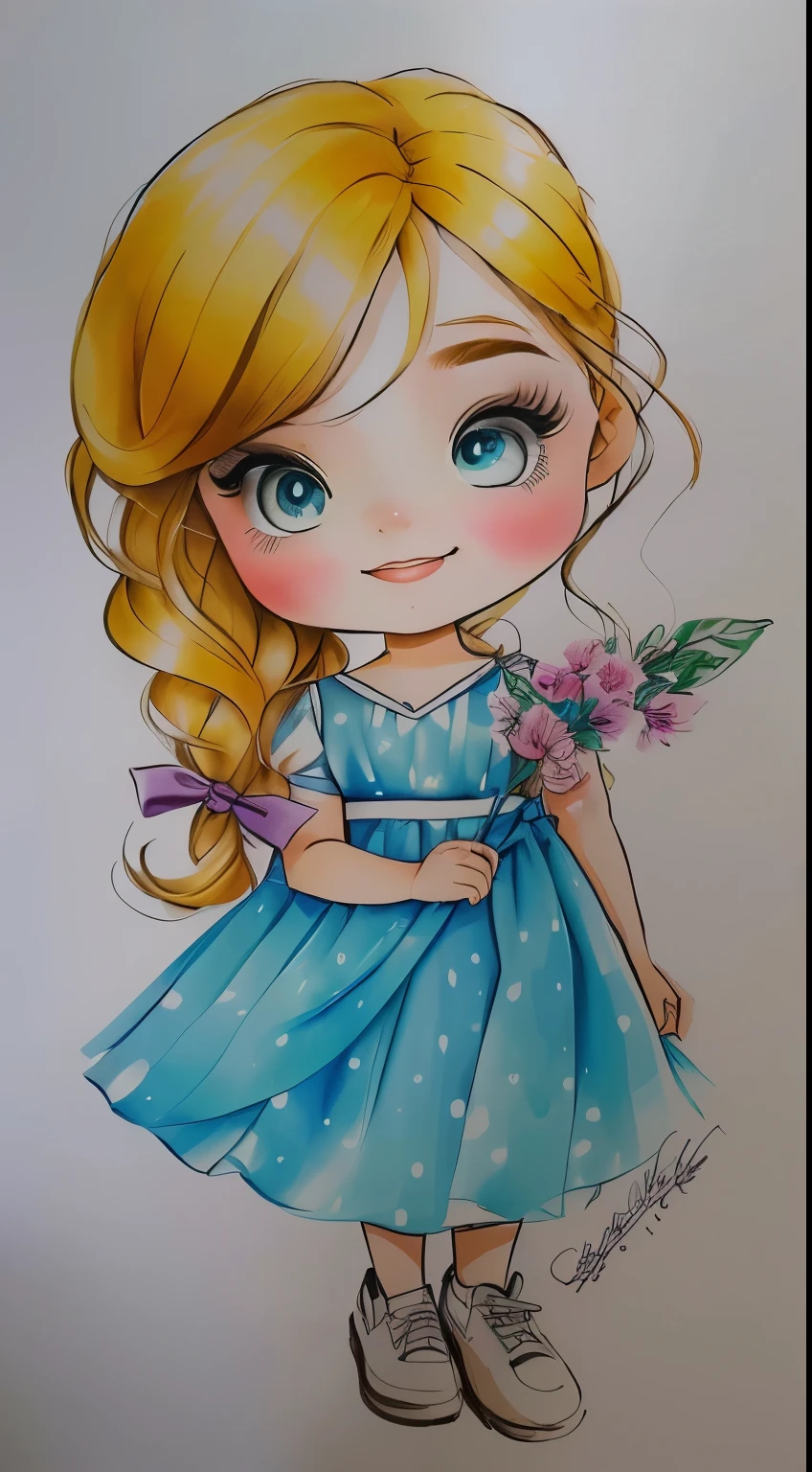 um close do desenho de uma garota sorrindo, garota de vestido, inspirado em Claire Hummel, desenho fofo, desenho de desenho animado, por Cicely Hey, garota chibi, desenho colorido, retrato de uma linda garota, vestido e rosto detalhados, personagem de desenho animado fofo, fofo de desenho animado, desenho colorido, caricatura, jovem, marca d'Water:-1