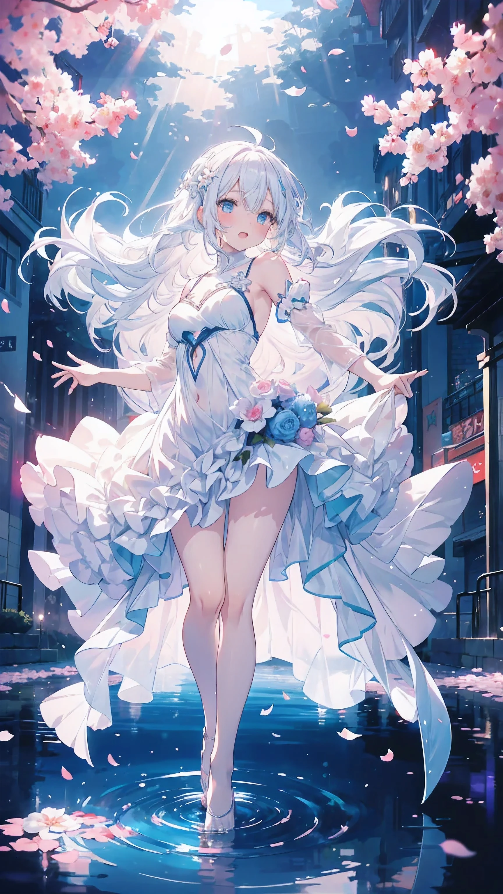 a woman with blue eyes and white hair wearing white ballet outfit dancing on water with lots of flowers, 1girl, reflection, long hair, dress, barefoot, solo, cherry blossoms, white dress, petals, ripples, water, arm up, hair ornament, beautiful anime girls, zerochan art, digital art on pixiv, guweiz on pixiv artstation, nightcore, pixiv, anime girls, trending on artstation pixiv, beautiful anime art style, beautiful anime artwork, (ultradetailed eyes), Dramatic, superfine illustration, Extremely detailed, 1girl in,teenager, (pale skin), long white hair, Ethereal eyes, Blue eyes,blush,Solo,Smile, Happy, Laugh, Enjoy, Open mouth, Pouty lips,Cinematic lighting, Looking at Viewer