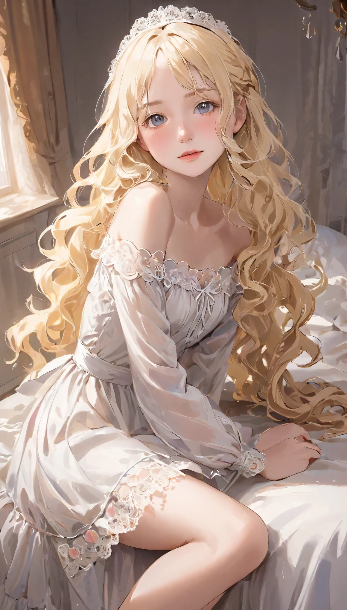 Cinema Lighting, so beautiful、Small face、Realistic professional photos of young people, Skinny Caucasian Girl, ((12 years old)), She has the face of a beautiful girl, Very detailed_pupil、Beautiful Eyes、Work as a maid, Lace front、She is wearing an elaborate off-the-shoulder short white dress...., (Long blonde wavy hair:1.5), Slim and feminine body, Appetizing appearance, Tight waist, barefoot, Velvety Skin, Shy and anxious, In a romantic bedroom, Sit on the edge of the bed,