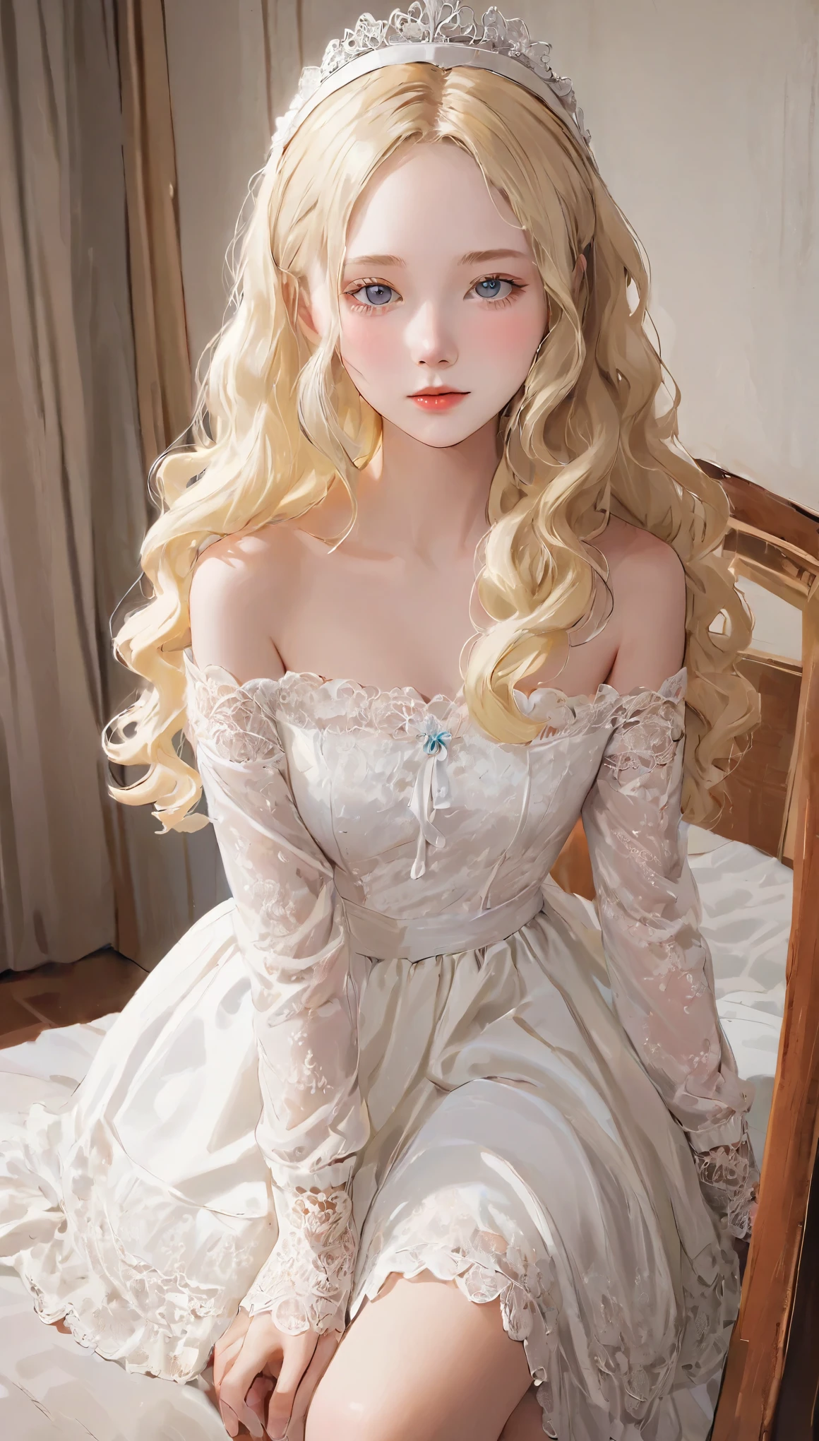 Cinema Lighting, so beautiful、Small face、Realistic professional photos of young people, Skinny Caucasian Girl, ((12 years old)), She has the face of a beautiful girl, Very detailed_pupil、Beautiful Eyes、Work as a maid, Lace front、She is wearing an elaborate off-the-shoulder short white dress...., (Long blonde wavy hair:1.5), Slim and feminine body, Appetizing appearance, Tight waist, barefoot, Velvety Skin, Shy and anxious, In a romantic bedroom, Sit on the edge of the bed,