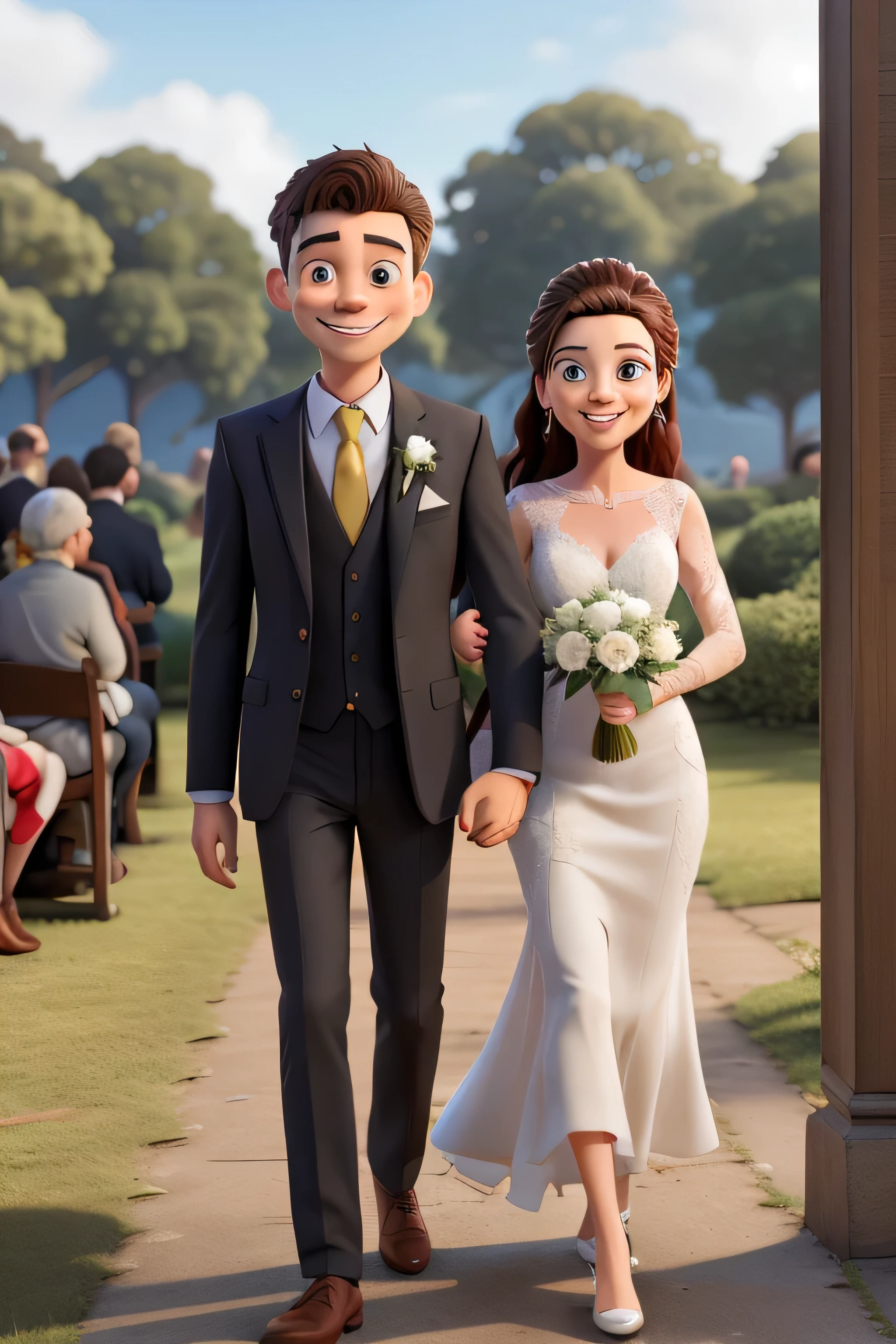 ((melhor qualidade)) Desenho de casal de noivos se olhando um de frente para o outro , Noivo branco com cabelo curto, gray jacket and black tie, dress shoe going towards the bride, Noiva branca de vestido branco longo, cabelo cacheado longo e preto , salto branco, smiling and going towards the groom, Clear face