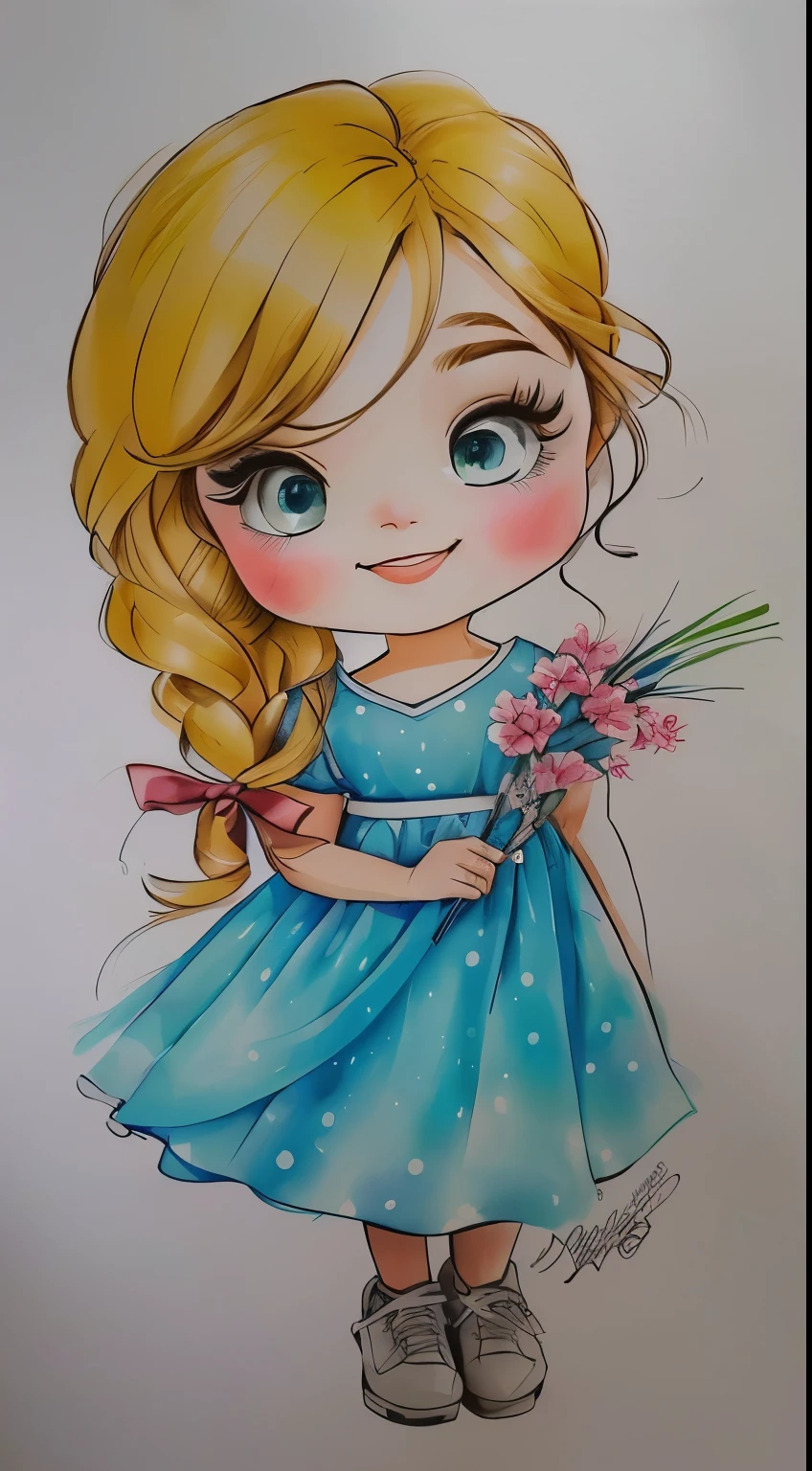 um close do desenho de uma garota sorrindo, garota de vestido, inspirado em Claire Hummel, desenho fofo, desenho de desenho animado, por Cicely Hey, garota chibi, desenho colorido, retrato de uma linda garota, vestido e rosto detalhados, personagem de desenho animado fofo, fofo de desenho animado, desenho colorido, caricatura, jovem, marca d'Water:-1
