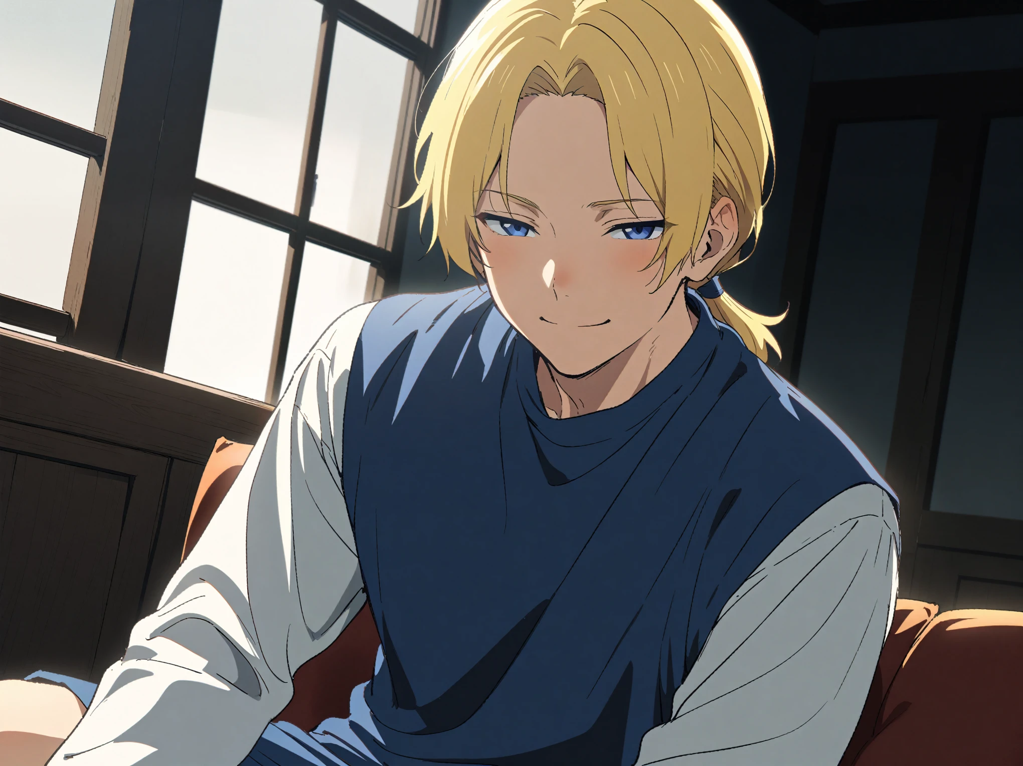 {{upper body, dutch angle, male focus}} {{Artist: Sincos}} muscular male, solo, tall, lean, handsome, blonde hair, short hair, low ponytail, short ponytail, straight hair, bangs, blue eyes, half-closed eyes, sweet smile, looking at viewer, pov, indoors, living room, sitting, on sofa, blue tunic, white sleeves, black cloak, medieval fantasy.