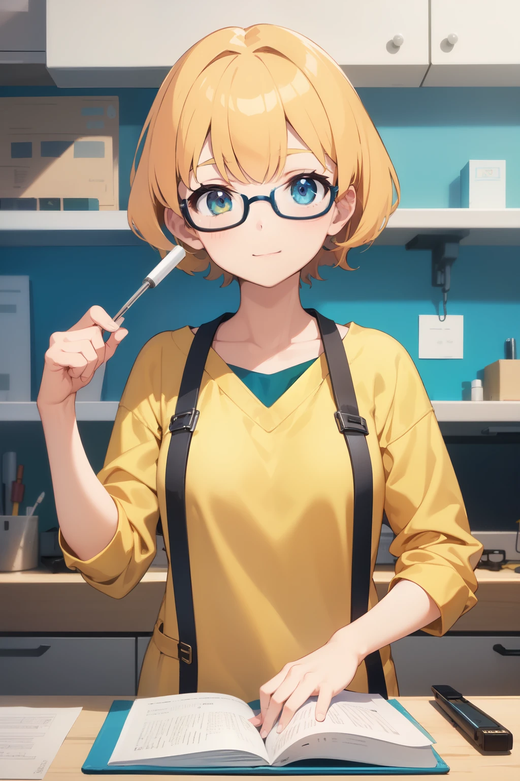 ((mejor calidad)), ((obra maestra)), (detallado), 1 chica anime, lentes, bata de laboratorio, sosteniendo libros, laboratorio, inteligente, cabello largo y rubio,