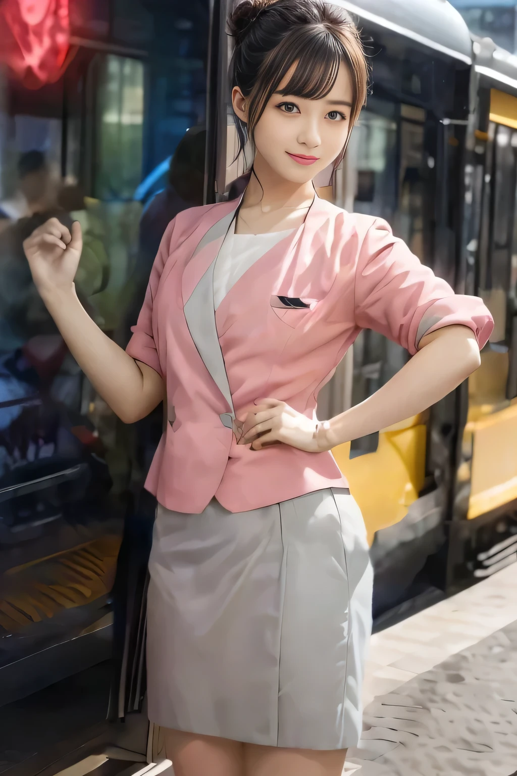 (masterpiece:1.2, highest quality:1.2), 32K HDR, High resolution, (alone、1 girl)、（On the rooftop of a building in the daytime、Professional Lighting）、Building rooftop background、（Nankai train crew uniform pinkを着たリアルスタイル）、（Nankai train crew uniform pink short sleeve pink jacket、Nankai Train Crew Uniform Pink Collarless Short Sleeve Blouse、Nankai Train Crew Uniform Pink Grey Knee-length Culottes）、Dark brown hair、（Hair tied up、Hair Bun、Hair Bun）、Dark brown hair、Long Shot、Big Breasts、Thin legs、（（Great hands：2.0）），（（Harmonious body proportions：1.5）），（（Normal limbs：2.0）），（（Normal finger：2.0）），（（Delicate eyes：2.0）），（（Normal eyes：2.0））)、smile、（Nankai Train Crew Uniform Pink Grey Knee-length Culottesを見せた美しい立ち姿）、Keep your hands natural