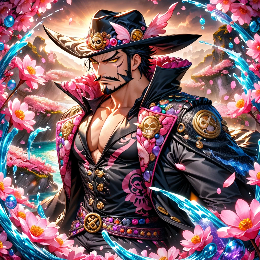 absurdres, highres, ultra detailed, HDR, master piece, best quality, Dracule Mihawk, black hair, expressive yellow eyes, one piece, solo, sexy man, handsome, mustache, beard, black coat, black hat, magical, fantasy, water, pink flowers, pink blossoms, pink butterflies, pink petals