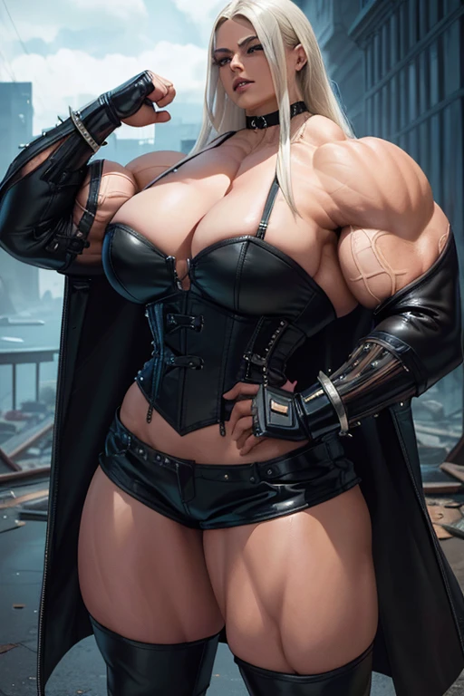 (Massive, beautiful, buff, brown skinned muscular woman with white hair, blue eyes, black lipstick, ginormous bulky muscles), (((long leather coat))), spiked choker, (((leather shorts))), (((black corset))), corset, (long sleeve coat), (black lipstick), leather shorts, choker, spiked gauntlets, thigh high boots, {close view}, (massive muscles), (hyper muscles), long straight hair, (top of a dark dilapidated building surrounded by tsunamis), in a dark world, closed smile