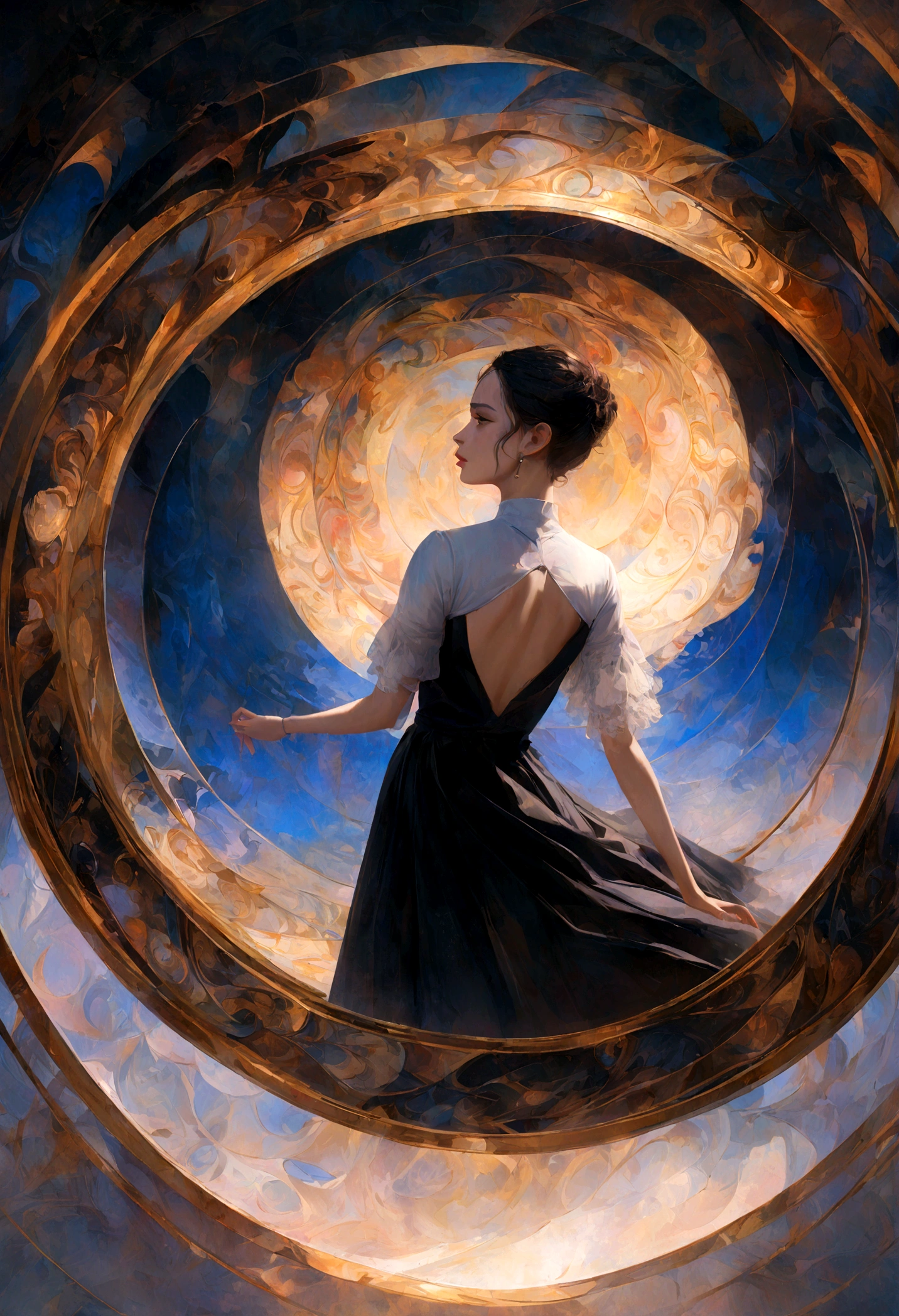 a golden circle, letter A in the front, letter V in the back, abstract circle painting, detailed rendering, digital art, 8k, ultra-detailed, vibrant colors, intricate design, clean composition, symmetrical, hypnotic, mesmerizing, elegant, sophisticated, minimalist, modern, dynamic, dramatic lighting, cinematic, chiaroscuro, volumetric, photorealistic