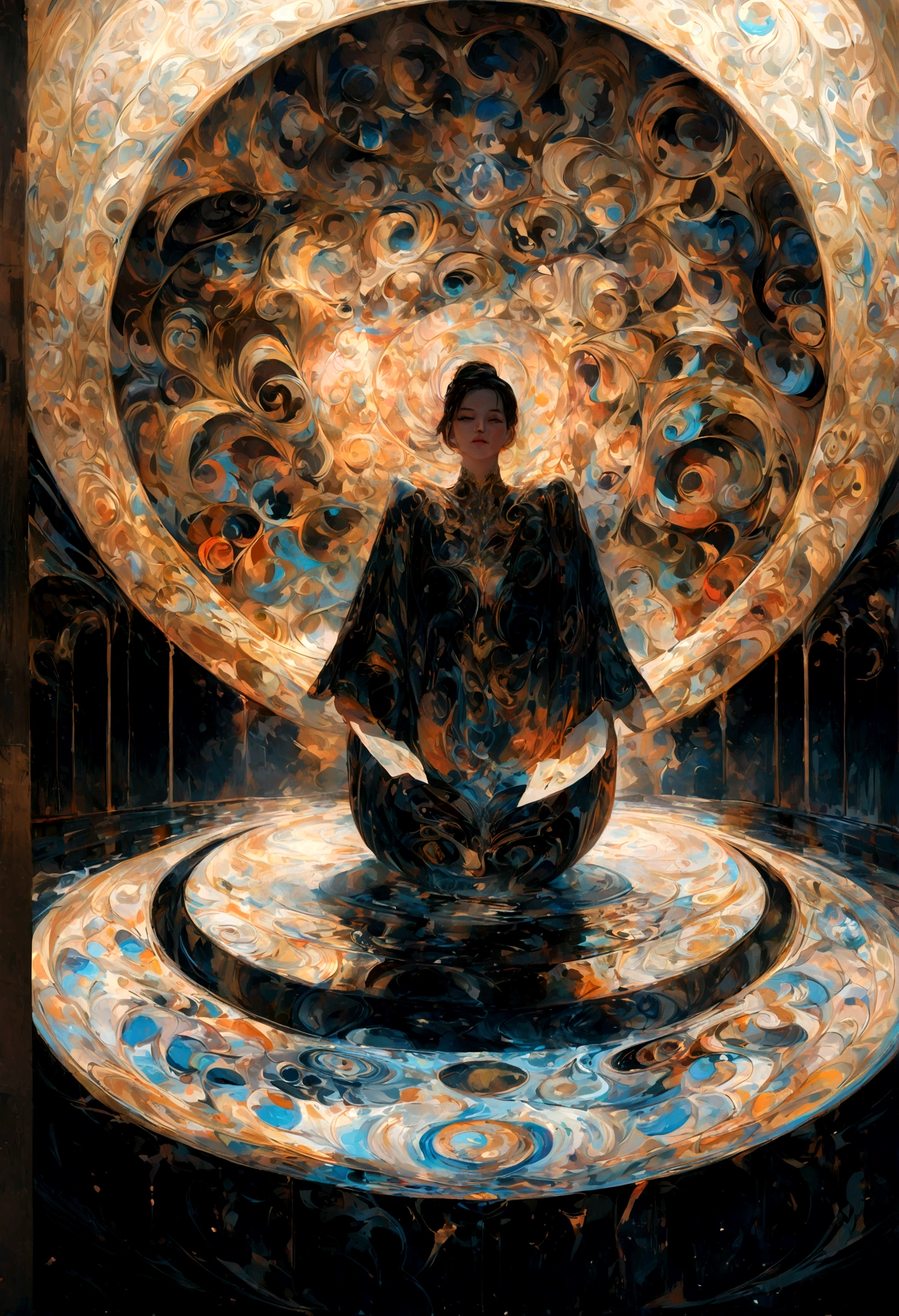 a golden circle, letter A in the front, letter V in the back, abstract circle painting, detailed rendering, digital art, 8k, ultra-detailed, vibrant colors, intricate design, clean composition, symmetrical, hypnotic, mesmerizing, elegant, sophisticated, minimalist, modern, dynamic, dramatic lighting, cinematic, chiaroscuro, volumetric, photorealistic