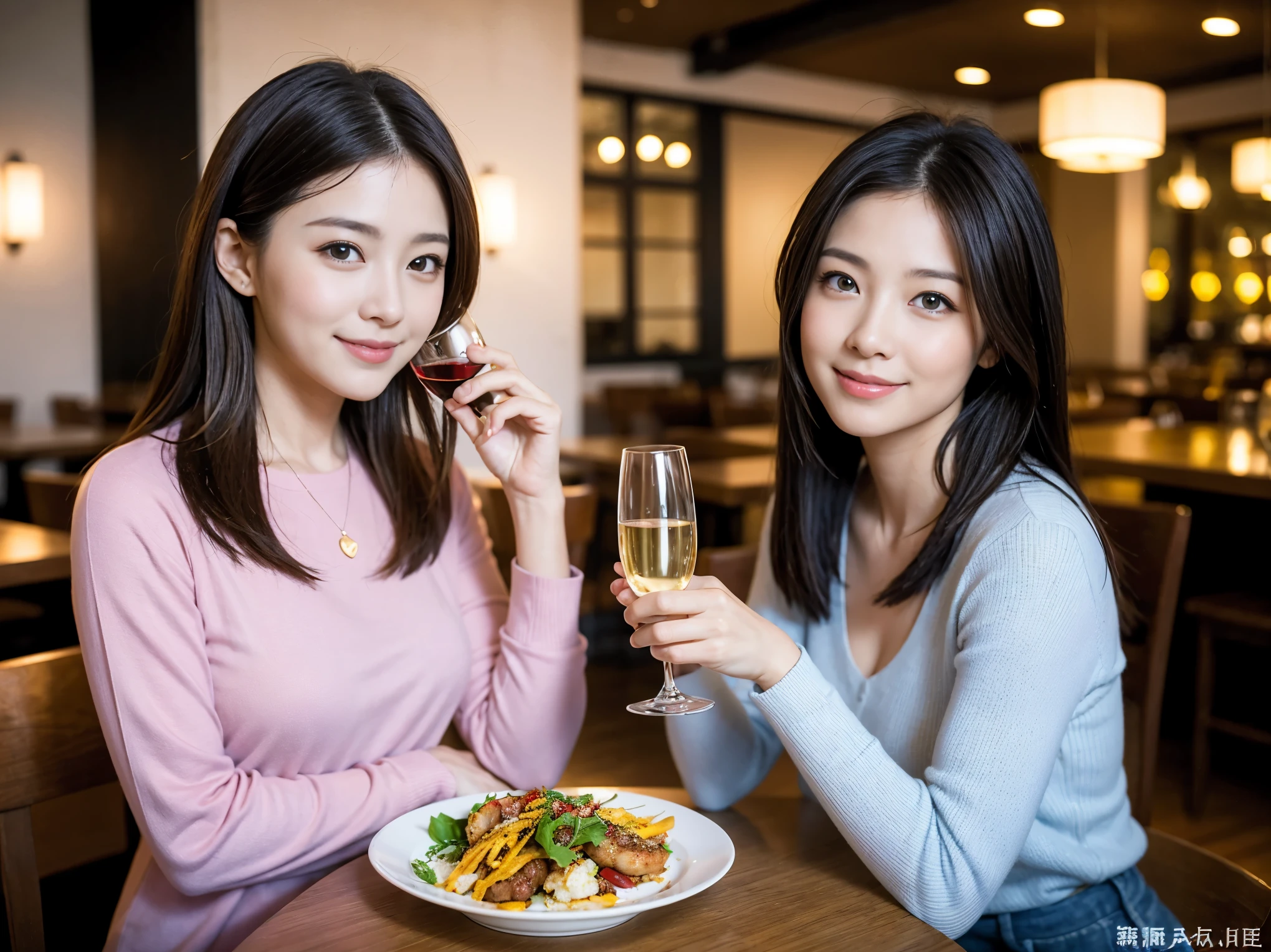 ((highest quality、8k、masterpiece:1.3))、Satomi Ishihara lookalike beauty、1 male、1 female、Couple、Spouse、half、The body is slim、((Bob Hale、Straight hair:1.2)), (Realistic, Intricate details:1.2), Wine glass on the table、Shine light on your face、 Amazing view of the sunset sky and clouds、Amazing mountain views、A bright smile、The wonderfulness of smile、Bright image、The beauty of wine, Beautiful Face, blue eyes, The light shines on your face, Blushing, short hair,Bright Face、 (Age 37), 39 years old, red wine 、Appetizers、Italian food、Wine bottle、Champagne、sparkling wine、Two beauties、Brown Hair、Shortcuts、Long sleeve shirt、dress、Pretty Woman 1, (Slim face), (The body is slim), (Brown Hair), (Shortcuts), cheeks turn a little red,Attractive beauty、restaurant, In a prominent place (From the waist up) Nova Frog Style, actress, model, Upper Body, White wine, slim, wine glass, A wine glass placed in the center, smile, (smile: 1.15), Beautiful fine grain, Depth f/2,saturation, High Contrast, Strong light and shadow,Moist Body:1.5、3D texture、Delicate eyes、Brown Hair、The hair is very shiny、