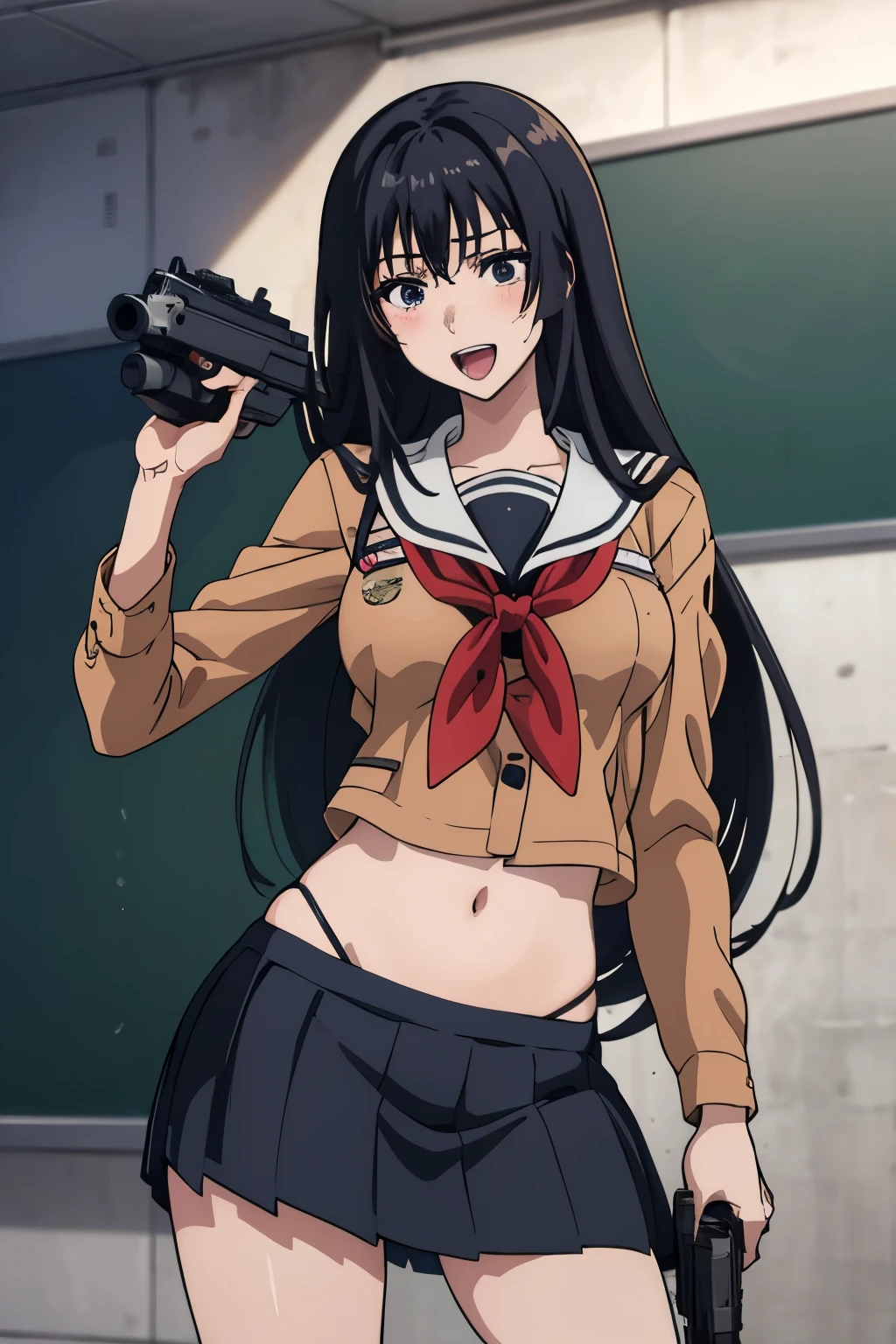 perfect anatomy, 1girl, solo, SawaragiShiho, black hair, long hair, big breast, blush, lipstick, masterpiece, best quality, highly detailed, a anime girls in sailor uniforms with a gun posing for a picture,
evil smile, smile, open mouth,black_serafuku, ecchi anime style, anime girls , (nsfw) not safe for work,
ecchi style, ecchi, shipgirls, digital anime art!!, high school girls, holding a gun, hold a gun, anime style 4
k, micro skirt, exposed belly, exposed navel, exposed midriff,
exposed lower belly,school, classroom,