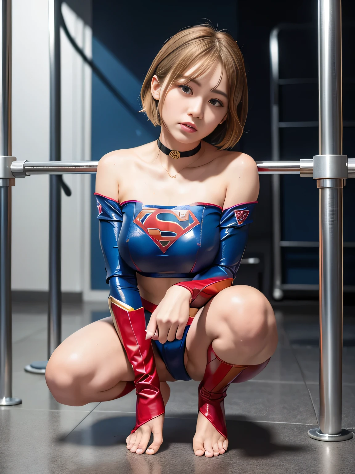 masterpiece、Supergirl Costume、short hair、barefoot、Big and ample breasts、Crisis situation、Complete surrender、Inside the prison、torture chamber、Abused、Humiliating torture、Squatting Pose、shiny sweaty skin、looking at the camera、choker、Long sleeve、Sexy poses to seduce、Off the shoulder、latex、from right in front、Crotch tearing、athlete、High leg、Striding on a balance ball、