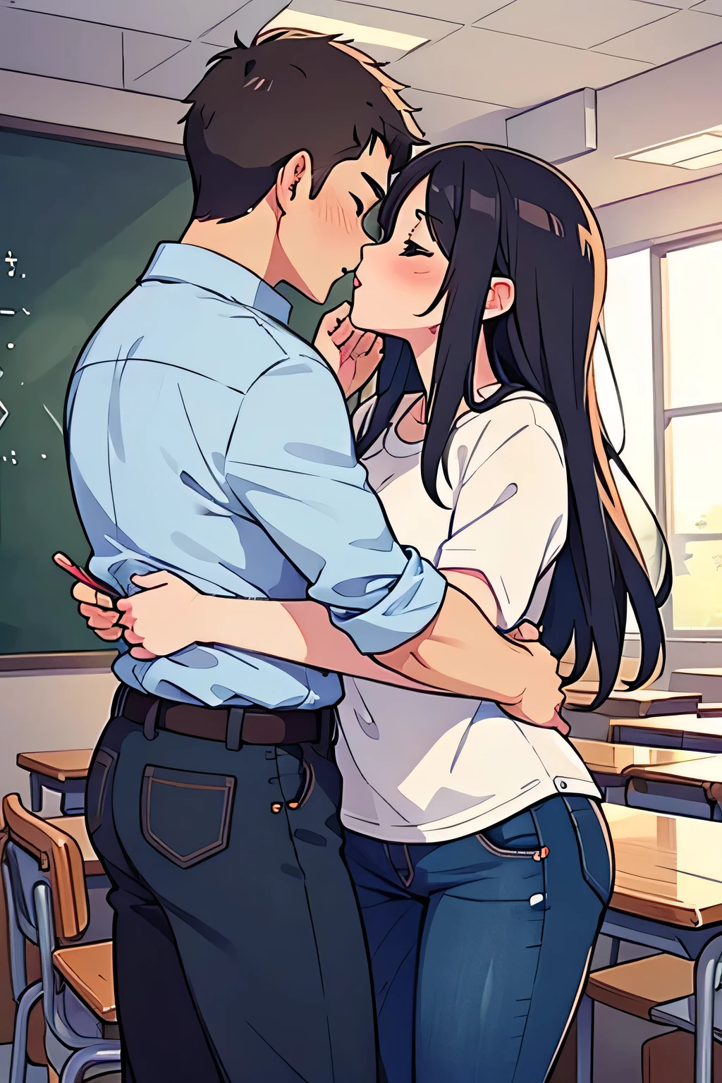 Amazing portrait of a sexy teacher wearing a shirt and jeans kissing and making out passionately with her male student in an empty classroom in an intimate setting