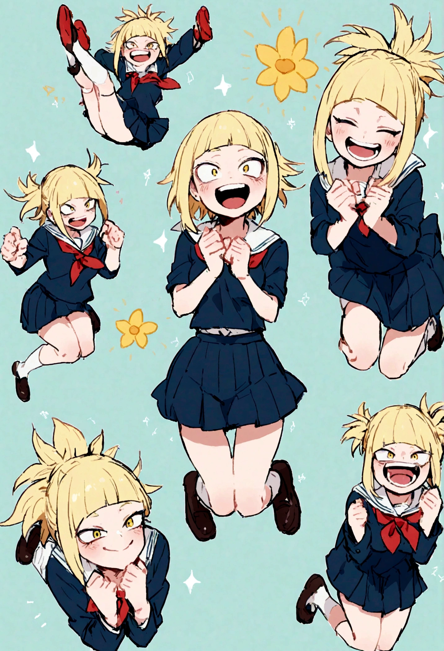 toga from my hero academia, full body jumping, school dress, happy face, cute face.