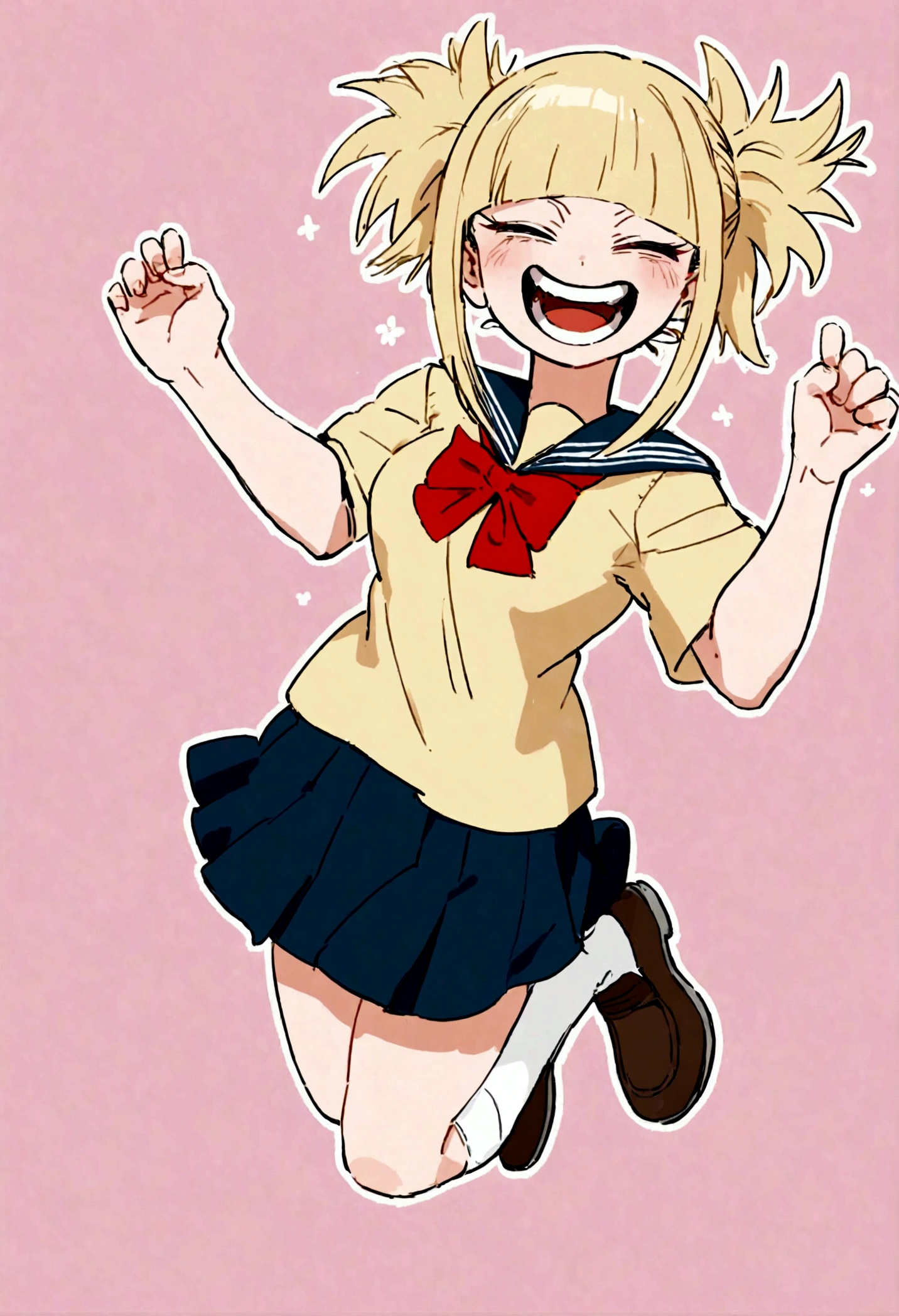 toga from my hero academia, full body jumping, school dress, happy face, cute face.