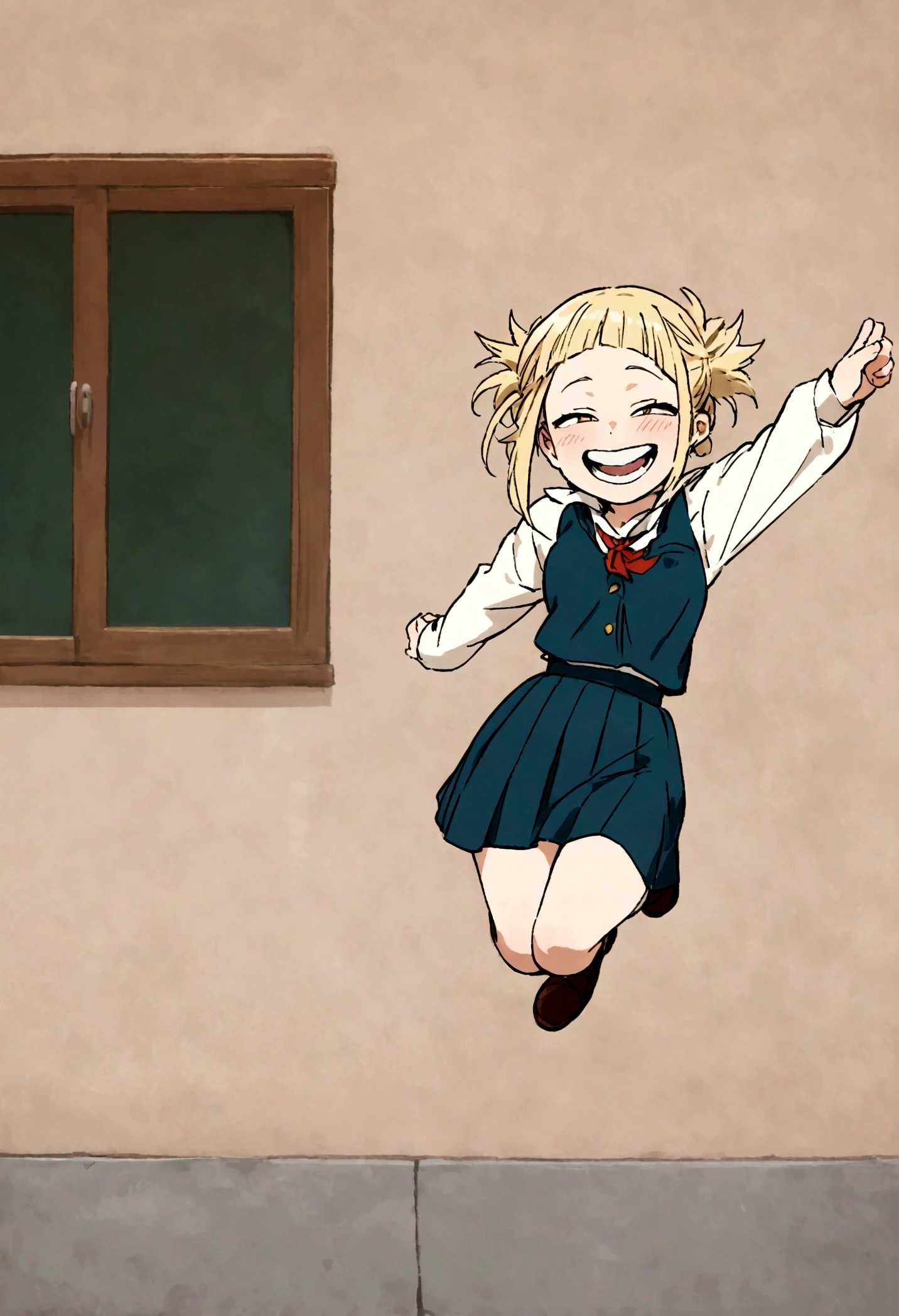 toga from my hero academia, full body jumping, school dress, happy face, cute face.