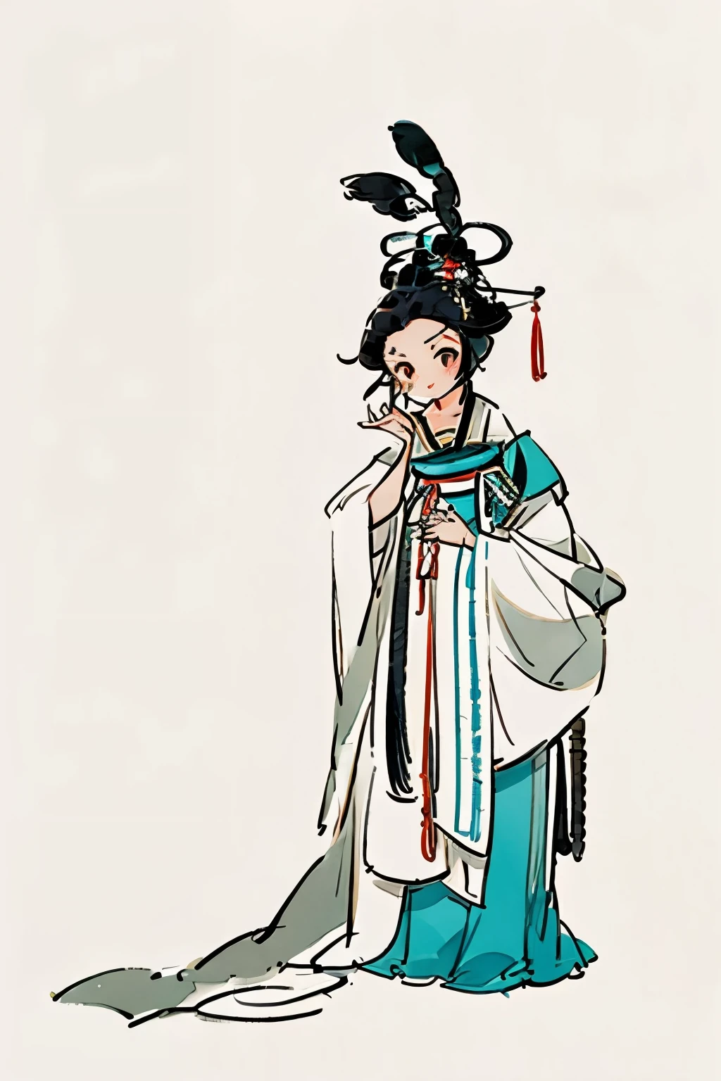 1 Girl, black hair, Blue Hanfu, Fine brushwork figures,