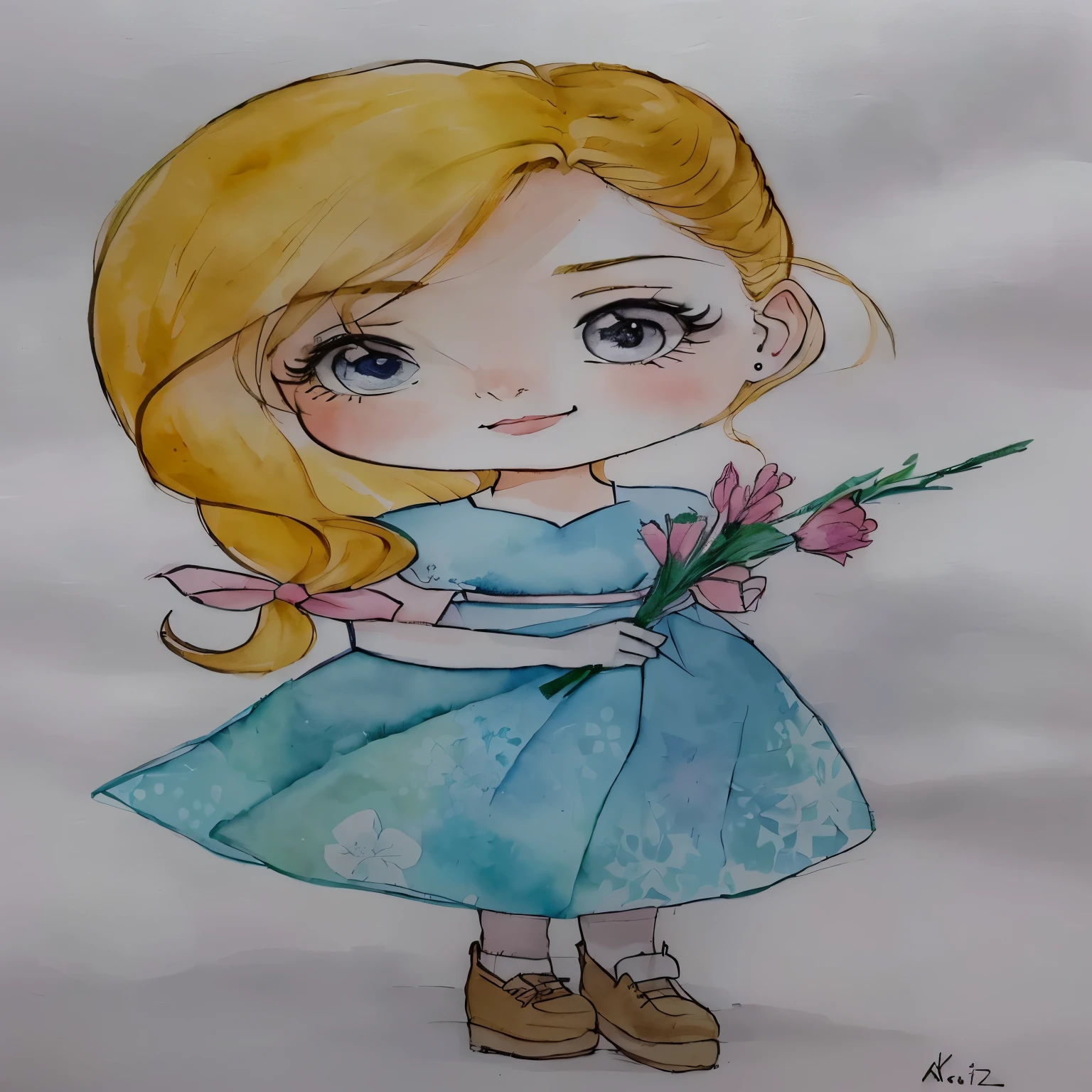 there is a drawing of a woman holding a flower, inspirado em Claire Hummel, caricatura, powder Nándor Katona, em estilo cartoon, garota chibi, aquarela e caneta, desenho de desenho animado, por Károly Lotz, por Ilka Gedő, aquarela, por Alice Prin, retrato fofo
