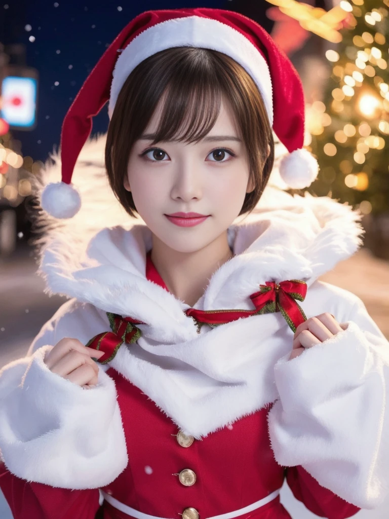 1girl, santa claus costume, symmetry, beautiful cute young girl, slender figure, (ultra short hair:1.5), ultra big smile, (Beautiful large round droped detailed eyes:1.0), beautiful detailed lips, extremely detailed face, natural makeup,Incredibly beautiful skin, (best quality,4k,8k,highres,masterpiece:1.5),(ultra-detailed,realistic,photorealistic,photo-realistic:1.75),professional,vivid colors,studio lighting,snowing night town,christmas eve