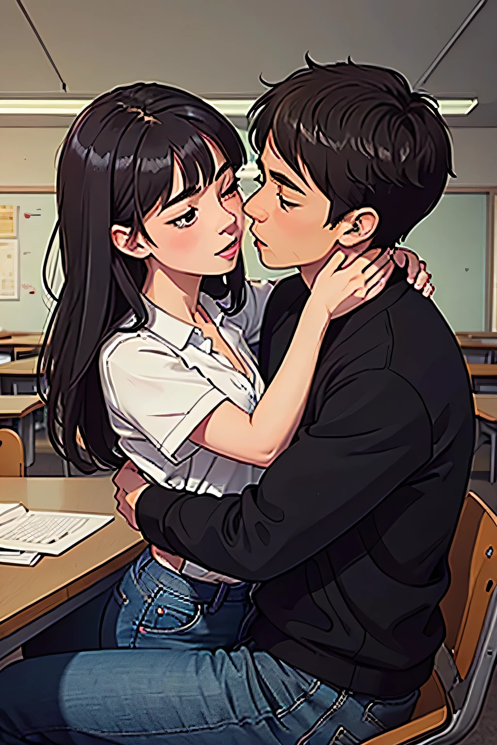 Amazing portrait of a sexy teacher wearing a shirt and jeans kissing and making out passionately with her male student in an empty classroom in an intimate setting