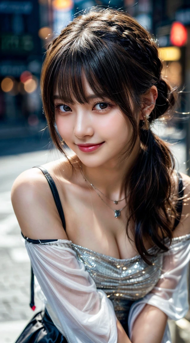 (Photo Real:1.4), (hyper realisitic:1.4), (highest quality, masterpiece:1.3, ultra high resolution), (Super detailed, caustics, 8k), (photorealistic:1.4, RAW shooting), (Smooth lighting:1.05), 1 girl, (look at the camera with a smile), smiling with slightly showing teeth, Neat and clean beauty, 20 years old, cute, Japanese, Soft lighting, Back lighting, (cheerfulness:1.2), (Finest Real Textured Skins), Narrow-eyed, Super fine face, glowing skin, retinas, Anatomically correct, accurate, Super Detail, Textured skin, High quality, high details, Best Quality, High resolution, (black long bronde hair), Ponytail, Natural Lips, perfect bodies, perfect arms, Perfect fingers, perfect legs, perfect hair, Realistic skin texture, ((wearing genshin impact costume)), (cosplay Genshin Impact), (wearing piercing), (wearing necklace), (perfect necklace), (perfect piercing), cleavage, (lens flare), (Street in Tokyo at night), face focus, Natural light, Backlight, (A bright light shines from above), full body, close-up