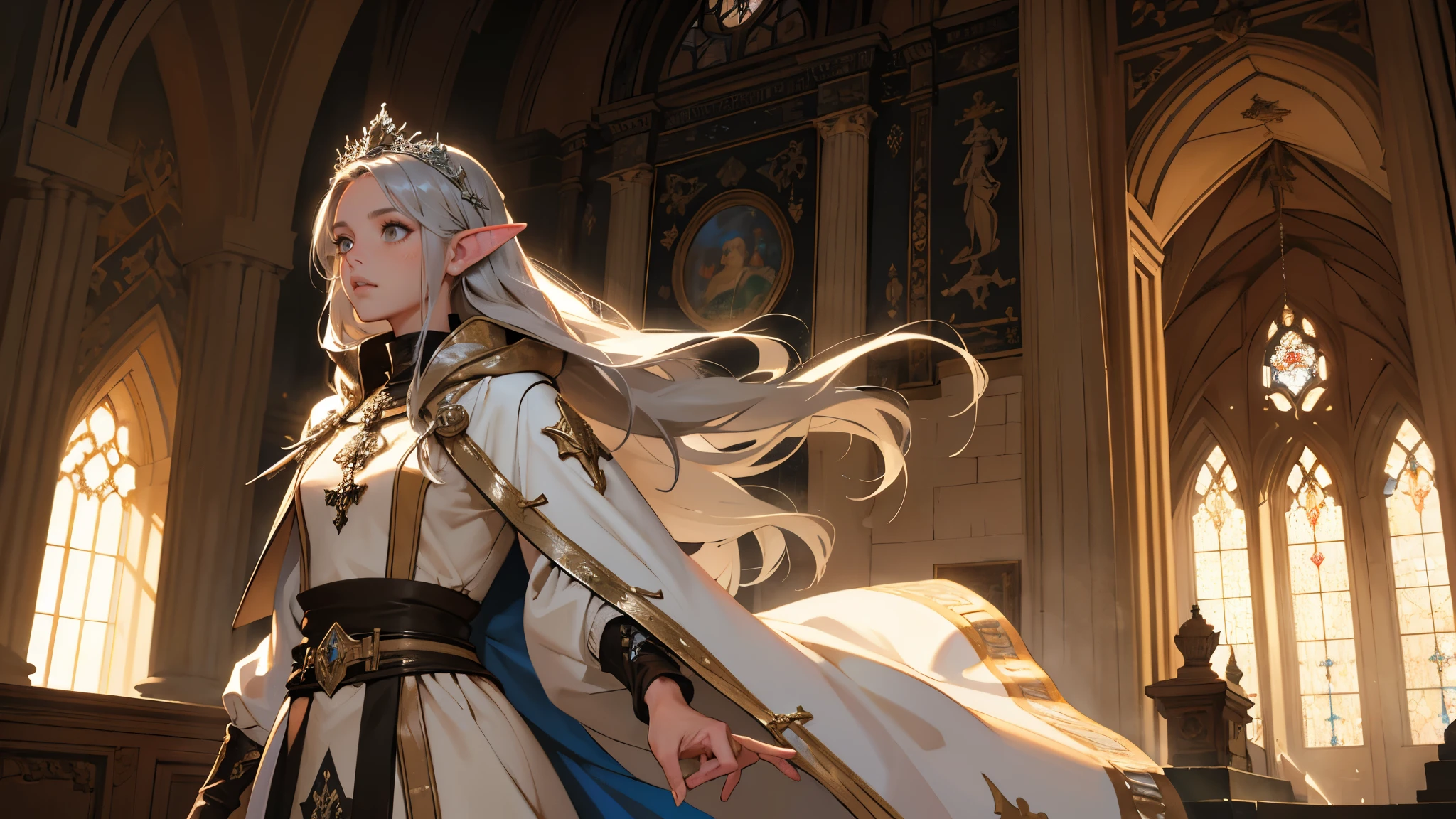masterpiece, ultra detailed, 8K Portrait, Raw photo, a portrait photo of girl, Highly detailed face, beautiful and meticulous eyes, ((Fantasy)), (elf:1.0), 1woman, 30 year old, gray long hair, brown eyes, Kind face, tiara, skinny, (one-piece dress), hooded long white coat Fluttering in the wind, ((bare foots)), Midday Sun, Hyper realistic, in a medieval castle in the sky, Ambient lighting, Shadow details , strong breeze, Light fog