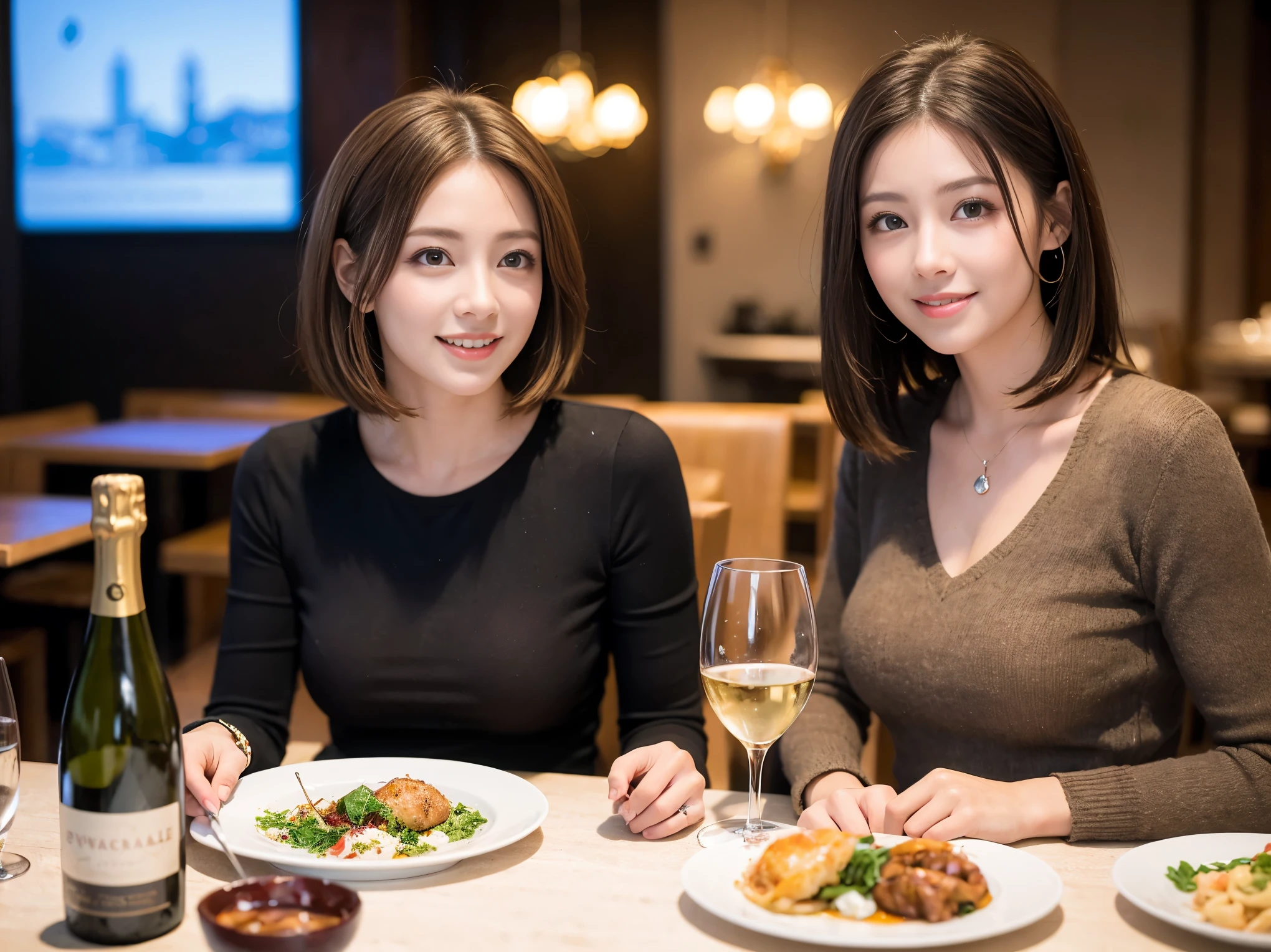 ((highest quality、8k、masterpiece:1.3))、Satomi Ishihara lookalike beauty、1 male、1 female、Couple、Spouse、half、The body is slim、((Bob Hale、Straight hair:1.2)), (Realistic, Intricate details:1.2), Wine glass on the table、Shine light on your face、 Amazing view of the sunset sky and clouds、Amazing mountain views、A bright smile、The wonderfulness of smile、Bright image、The beauty of wine, Beautiful Face, blue eyes, The light shines on your face, Blushing, short hair,Bright Face、 (Age 37), 39 years old, red wine 、Appetizers、Italian food、Wine bottle、Champagne、sparkling wine、Two beauties、Brown Hair、Shortcuts、Long sleeve shirt、dress、Pretty Woman 1, (Slim face), (The body is slim), (Brown Hair), (Shortcuts), cheeks turn a little red,Attractive beauty、restaurant, In a prominent place (From the waist up) Nova Frog Style, actress, model, Upper Body, White wine, slim, wine glass, A wine glass placed in the center, smile, (smile: 1.15), Beautiful fine grain, Depth f/2,saturation, High Contrast, Strong light and shadow,Moist Body:1.5、3D texture、Delicate eyes、Brown Hair、The hair is very shiny、