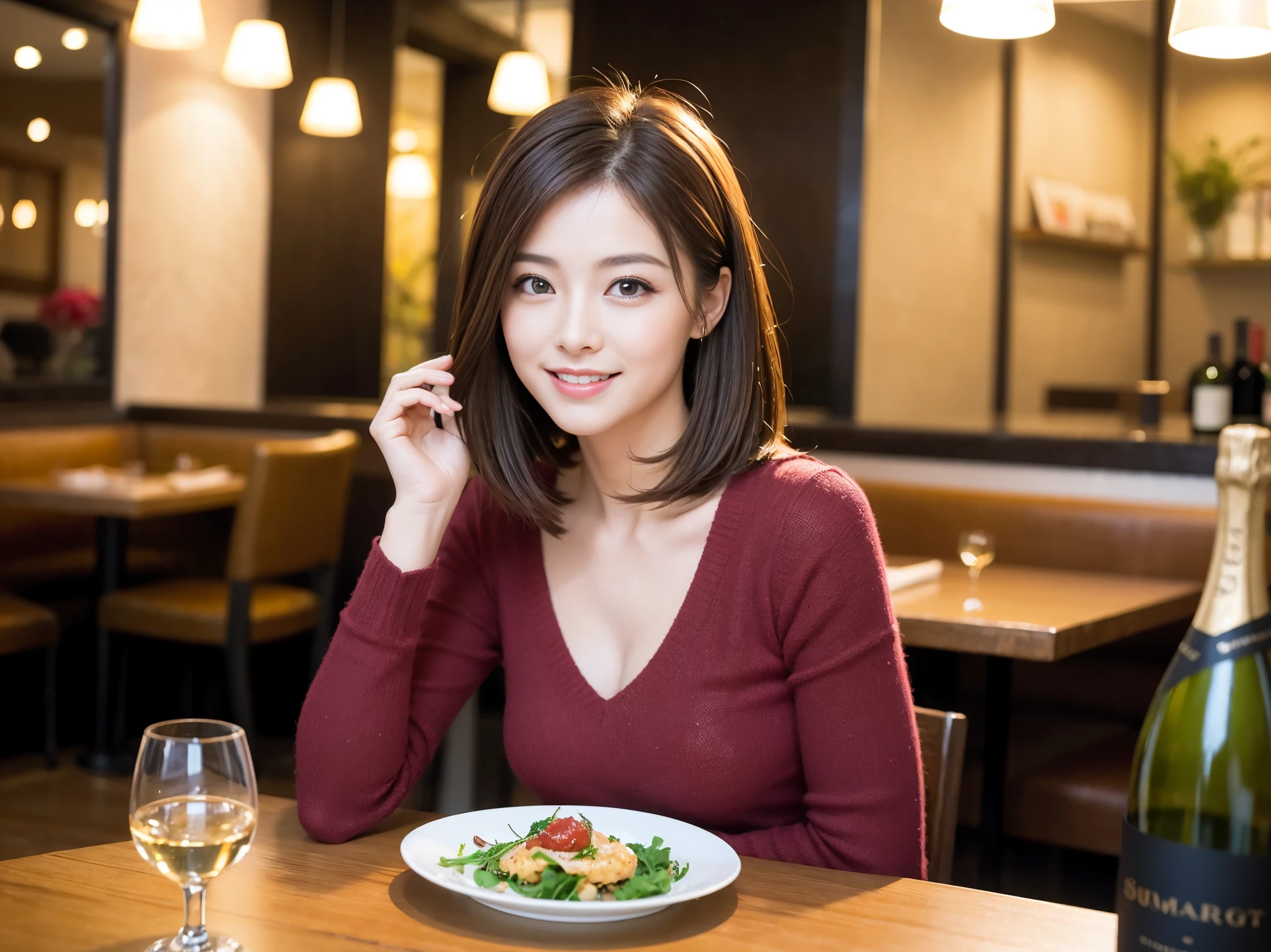 ((highest quality、8k、masterpiece:1.3))、Satomi Ishihara lookalike beauty、1 male、1 female、Couple、Spouse、half、The body is slim、((Bob Hale、Straight hair:1.2)), (Realistic, Intricate details:1.2), Wine glass on the table、Shine light on your face、 Amazing view of the sunset sky and clouds、Amazing mountain views、A bright smile、The wonderfulness of smile、Bright image、The beauty of wine, Beautiful Face, blue eyes, The light shines on your face, Blushing, short hair,Bright Face、 (Age 37), 39 years old, red wine 、Appetizers、Italian food、Wine bottle、Champagne、sparkling wine、Two beauties、Brown Hair、Shortcuts、Long sleeve shirt、dress、Pretty Woman 1, (Slim face), (The body is slim), (Brown Hair), (Shortcuts), cheeks turn a little red,Attractive beauty、restaurant, In a prominent place (From the waist up) Nova Frog Style, actress, model, Upper Body, White wine, slim, wine glass, A wine glass placed in the center, smile, (smile: 1.15), Beautiful fine grain, Depth f/2,saturation, High Contrast, Strong light and shadow,Moist Body:1.5、3D texture、Delicate eyes、Brown Hair、The hair is very shiny、