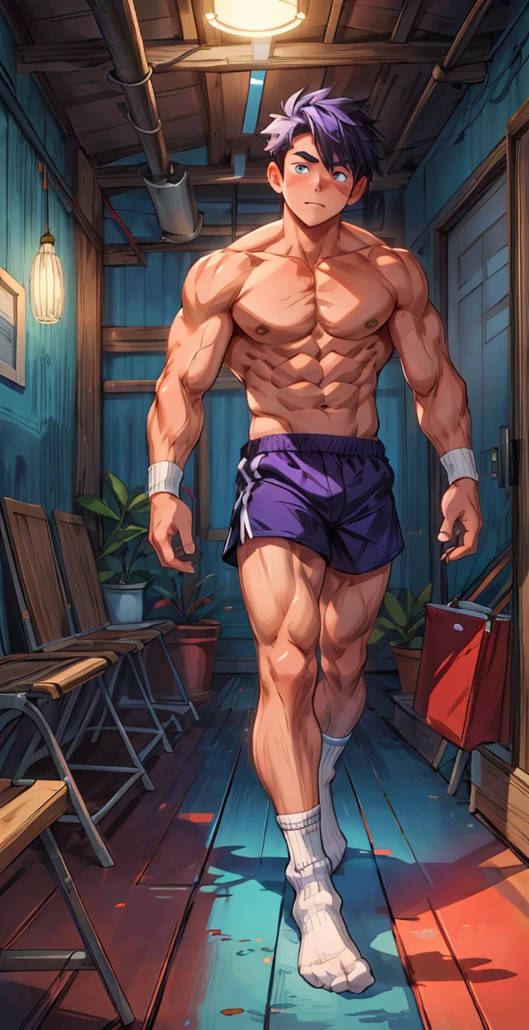 Double,Show your thick arms to the audience,closeup of arms,Thick arms,(masterpiece,best quality,H),1 person,Nude boy,Very shy,My face turned red,Shy,muscular,Delicateeyes,nude,(nude),blue eyes,Shirtless,Body,Blue purple short hair,(fluorescent lamp),(a color),((Blue Background)),Shorts with white stripes,White textured socks,