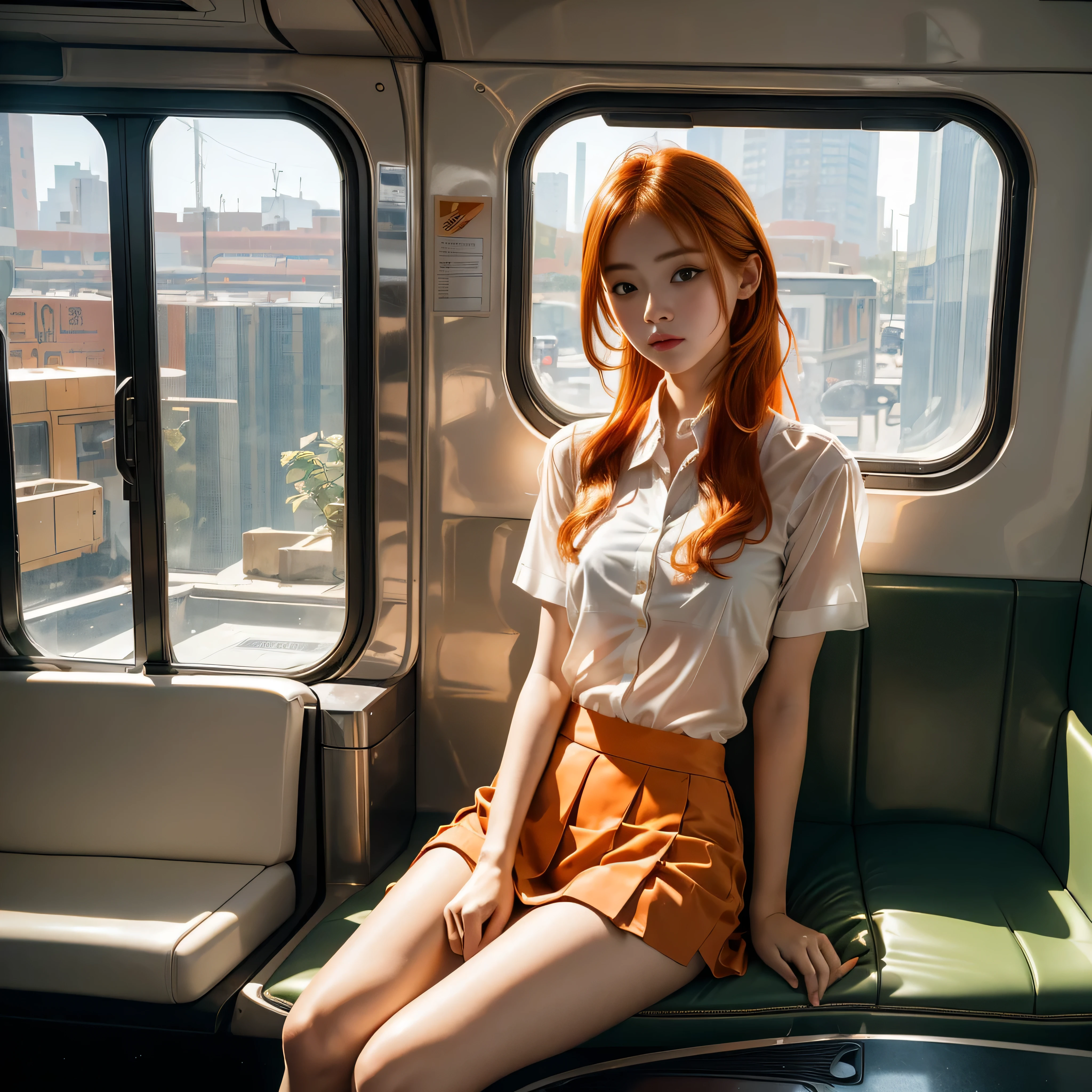 (best quality, masterpiece, ultra detailed, RAW quality), 21-year-old girl, loose orange hair, beautiful symmetrical face, thoughtful, short tailored skirt, transparent white shirt, white underwear, sitting inside a subway car, looking to the viewer, window behind her, RAW quality.