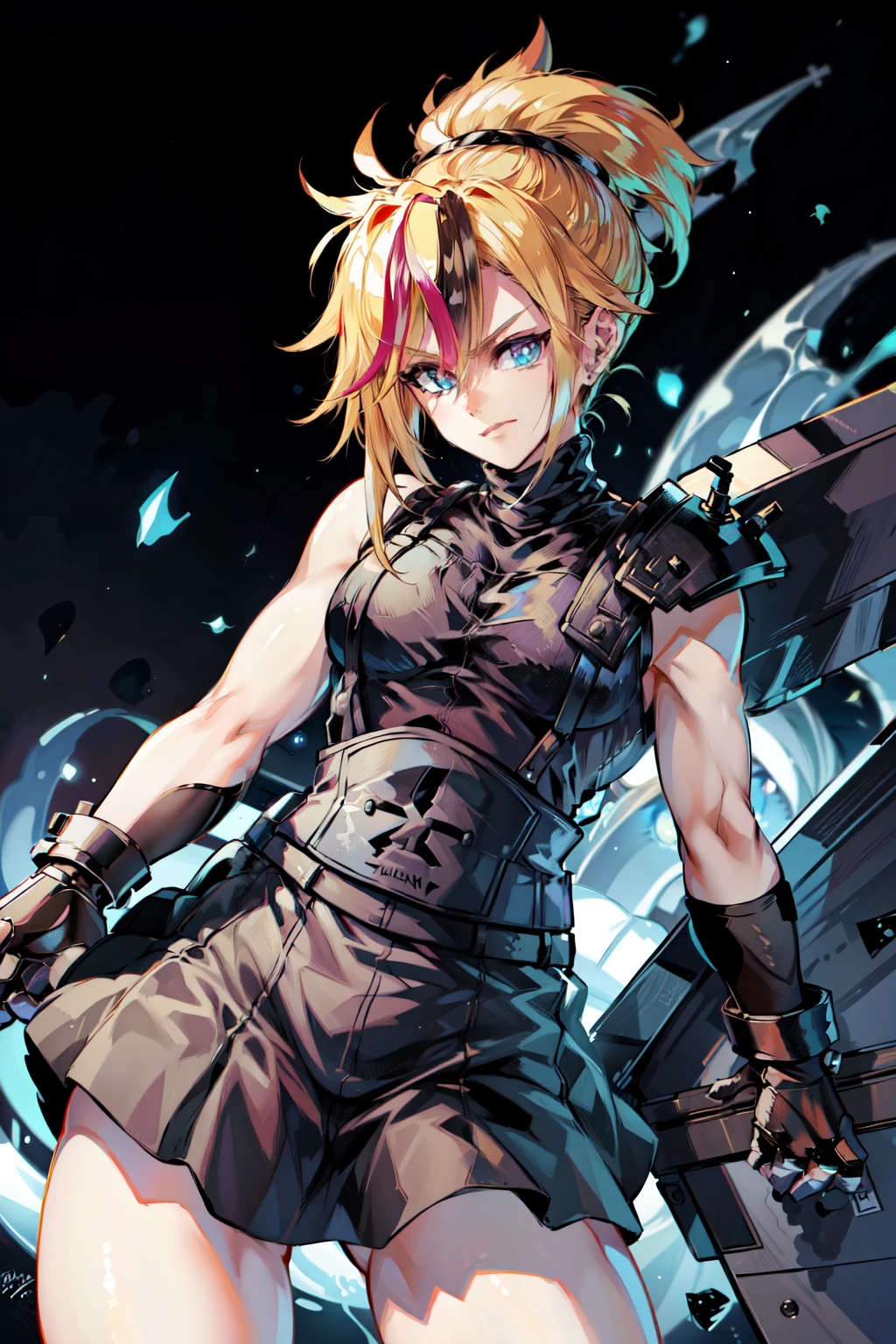 (masterpiece, best quality:1.2), Blue glowing eyes, perfect face, highres, 1 girl, solo, ultra long ponytail, (female:1.5), strife, blonde hair, shoulder armor, sleeveless turtleneck, suspenders, belt, gloves, bracer, evil smile, standing, portrait, looking at viewer, giant sword on the back
