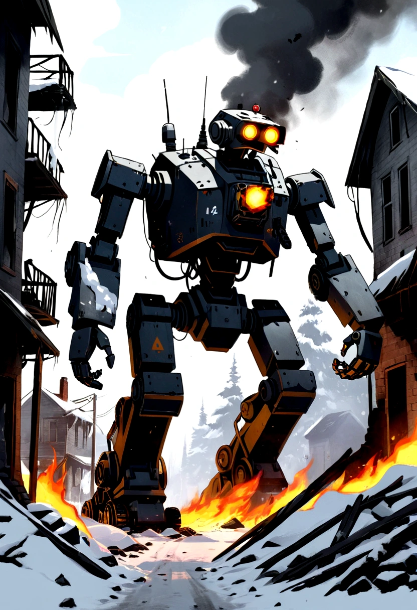 broken down combat robot, post apocalypse, low angles, ruined streets, snow piling up, fire and smoke in places,