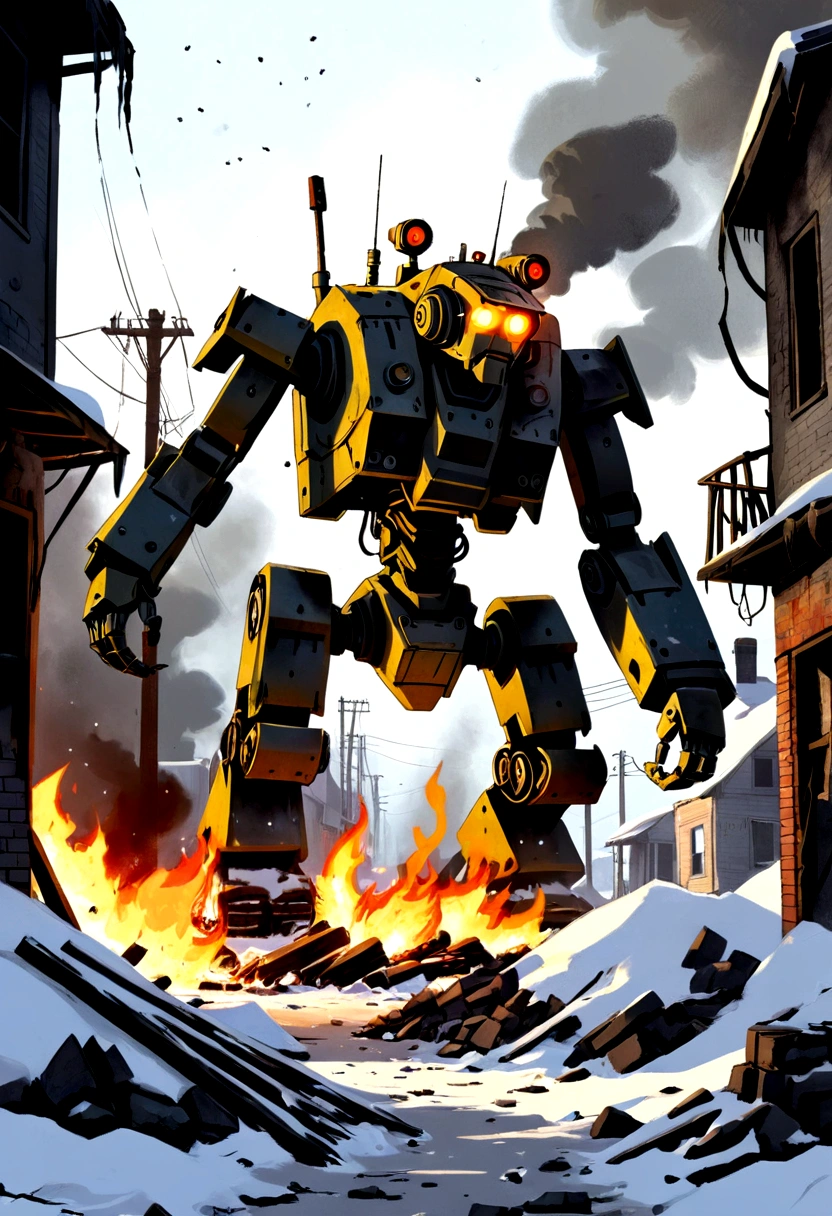 broken down combat robot, post apocalypse, low angles, ruined streets, snow piling up, fire and smoke in places,