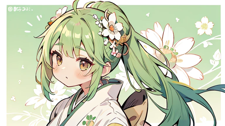 masterpiece, beautiful detailed, { wearing kimono}, pastel color,, brown eyes, green hair, hair up, 1girl, medium breasts,, hair ornament, hair intakes, antenna hair, {{{{{Alphonse Mucha}}}}},{{{bold outline}}}, japonism, japanese room,limited palette