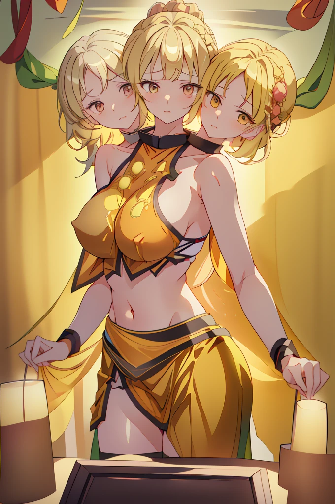 (masterpiece, best quality), best quality, (ultra-detailed), (3heads:1.5), 1girl, (okina matara:1.3), masterpiece, best quality, ultra quality, ultra resolution, ultra detail, yellow-orange top, crop top, ((stomach)), midriff, ((groin)), green skirt, normal ears, shackles, blonde hair, very long hair, wavy hair, sidelocks, yellow eyes, very detailed eyes, very beautiful eyes, parted lips, open belly, sweat, very cute, toned belly, hand on own chest, eyelashes, (27 year old woman:1.3), (masterpiece:1.5), (best quality:1.5), (beautiful detailed), extremely detailed CG, extremely delicate and beautiful, depth of field, (finely detailed face), (perfect details:1.2), (mature female:1.3), wide pelvis, slender, large veiny breast, 16k resolution, highres, high quality, high definition, extremely detailed, masterpiece, blonde hair, long hair, alluring presence, braid, short skirt, close up, very big tits, huge tits, young, three-point hat, nsfw,