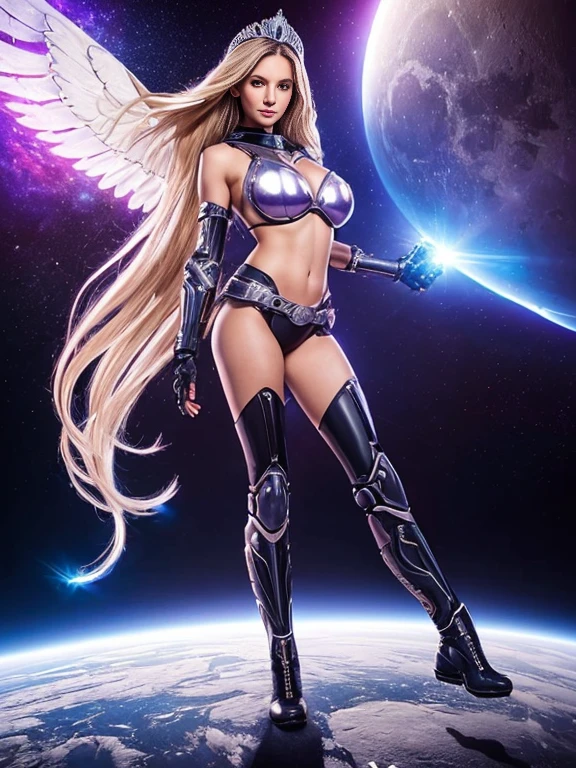(masterpiece, top quality, best quality, official art, beautiful and aesthetic:1.2), (1girl:1.3), extremely long curly golden hair, extremely detailed, portrait, looking at viewer, solo, (full body:0.6), detailed background, close up, (cool science fiction space theme:1.1), extremely busty valkyrie, charlatan, mysterious, shooting lasers in space, cybernetic angel, huge feathered wings, chrome boob armor, dark purple streamers and skirts and sleeves and knee wrappings, cybernetic implants, mechanical hand, laser cannon, arm cannon, revealing chrome armor, bare midriff, glowing laser energy, crown, halo, intricate armor, ornate chrome armor, sheer white fabric, elegant purple fabric, skirts, streamers, cowl, boots, bracers, ((((gigantic breasts))), slim waist, slim hips, long legs, athletic, SPACE, futuristic moon, (space exterior:1.1) background, dark mysterious lighting, shadows, magical atmosphere, dutch angle
