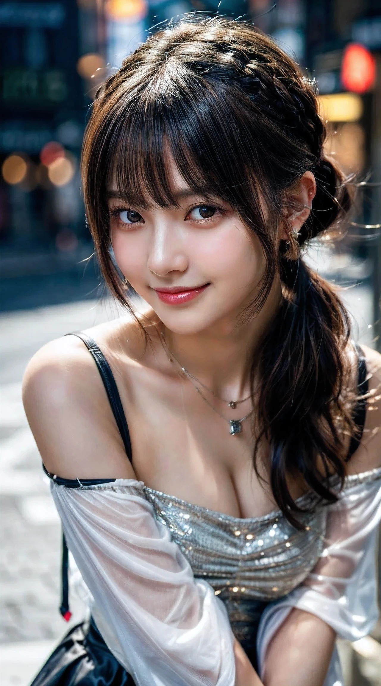 (Photo Real:1.4), (hyper realisitic:1.4), (highest quality, masterpiece:1.3, ultra high resolution), (Super detailed, caustics, 8k), (photorealistic:1.4, RAW shooting), (Smooth lighting:1.05), 1 girl, (look at the camera with a smile), smiling with slightly showing teeth, Neat and clean beauty, 20 years old, cute, Japanese, Soft lighting, Back lighting, (cheerfulness:1.2), (Finest Real Textured Skins), Narrow-eyed, Super fine face, glowing skin, retinas, Anatomically correct, accurate, Super Detail, Textured skin, High quality, high details, Best Quality, High resolution, (black long bronde hair), Ponytail, Natural Lips, perfect bodies, perfect arms, Perfect fingers, perfect legs, perfect hair, Realistic skin texture, ((wearing genshin impact costume)), (cosplay Genshin Impact), (wearing piercing), (wearing necklace), (perfect necklace), (perfect piercing), cleavage, (lens flare), (Street in Tokyo at night), face focus, Natural light, Backlight, (A bright light shines from above), full body, close-up