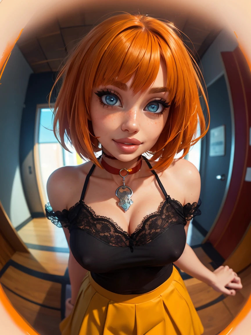SFW, 1girl, big clear eyes, eye contact, (small breasts:1.2), red choker, wide view, parted lips, pulpy lips, bright orange hair, showing off skirt, short messy hair, bangs, highly detailed, soft tones, extreme detail, no background, (detailed textures:1.1), dramatic light, happy smile, high Depth Of Field, slight fisheye lens