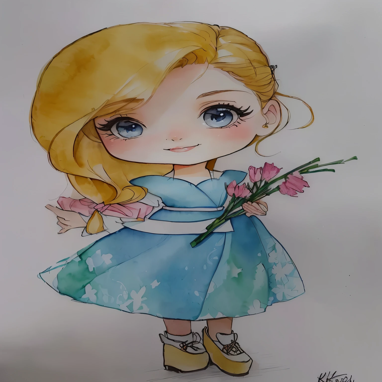 there is a drawing of a woman holding a flower, inspirado em Claire Hummel, caricatura, powder Nándor Katona, em estilo cartoon, garota chibi, aquarela e caneta, desenho de desenho animado, por Károly Lotz, por Ilka Gedő, aquarela, por Alice Prin, retrato fofo