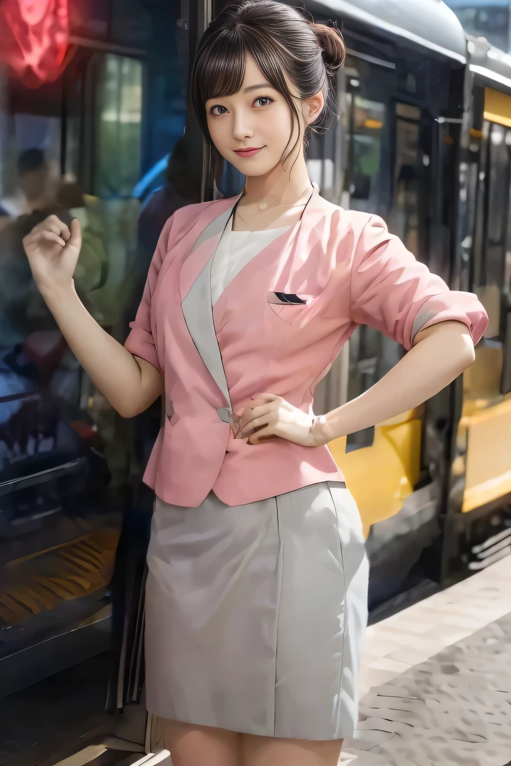 (masterpiece:1.2, highest quality:1.2), 32K HDR, High resolution, (alone、1 girl)、（On the rooftop of a building in the daytime、Professional Lighting）、Building rooftop background、（Nankai train crew uniform pinkを着たリアルスタイル）、（Nankai train crew uniform pink short sleeve pink jacket、Nankai Train Crew Uniform Pink Collarless Short Sleeve Blouse、Nankai Train Crew Uniform Pink Grey Knee-length Culottes）、Dark brown hair、（Hair tied up、Hair Bun、Hair Bun）、Dark brown hair、Long Shot、Big Breasts、Thin legs、（（Great hands：2.0）），（（Harmonious body proportions：1.5）），（（Normal limbs：2.0）），（（Normal finger：2.0）），（（Delicate eyes：2.0）），（（Normal eyes：2.0））)、smile、（Nankai Train Crew Uniform Pink Grey Knee-length Culottesを見せた美しい立ち姿）、Keep your hands natural