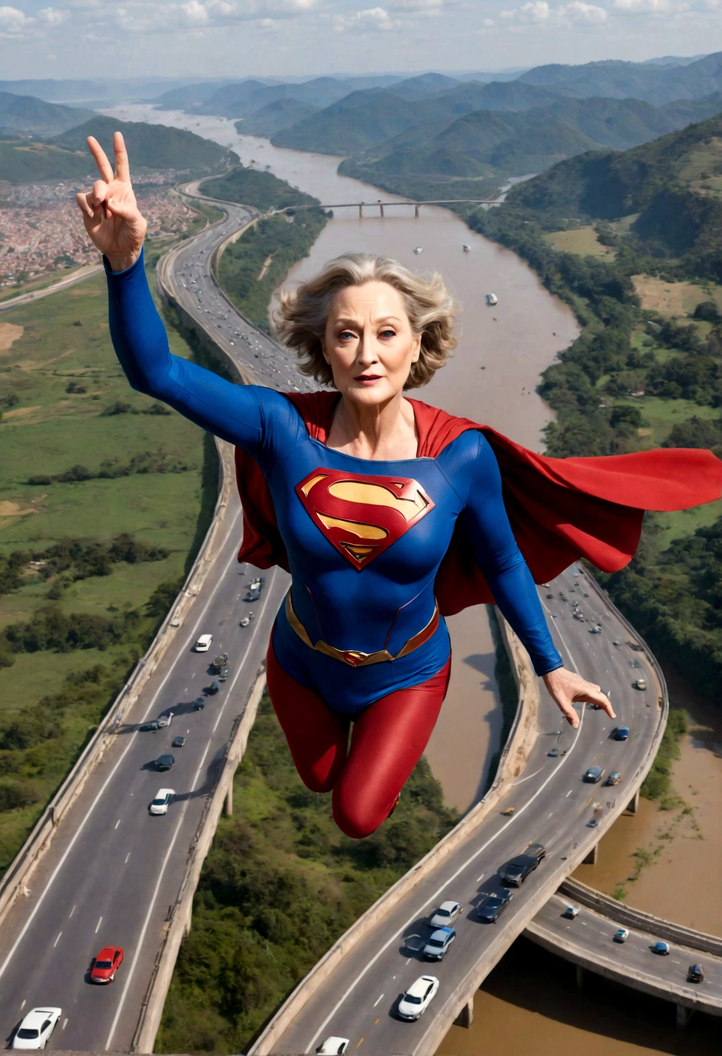 flying at super speed above a traffic jam; faster than a jet; old Meryl Streep ((without glasses))) Supergirl (((70 years old; short hair))); floating above the Rio Grande do Sul 2024 highway; (heavy traffic; satellite view); superhero pose flying through the skies