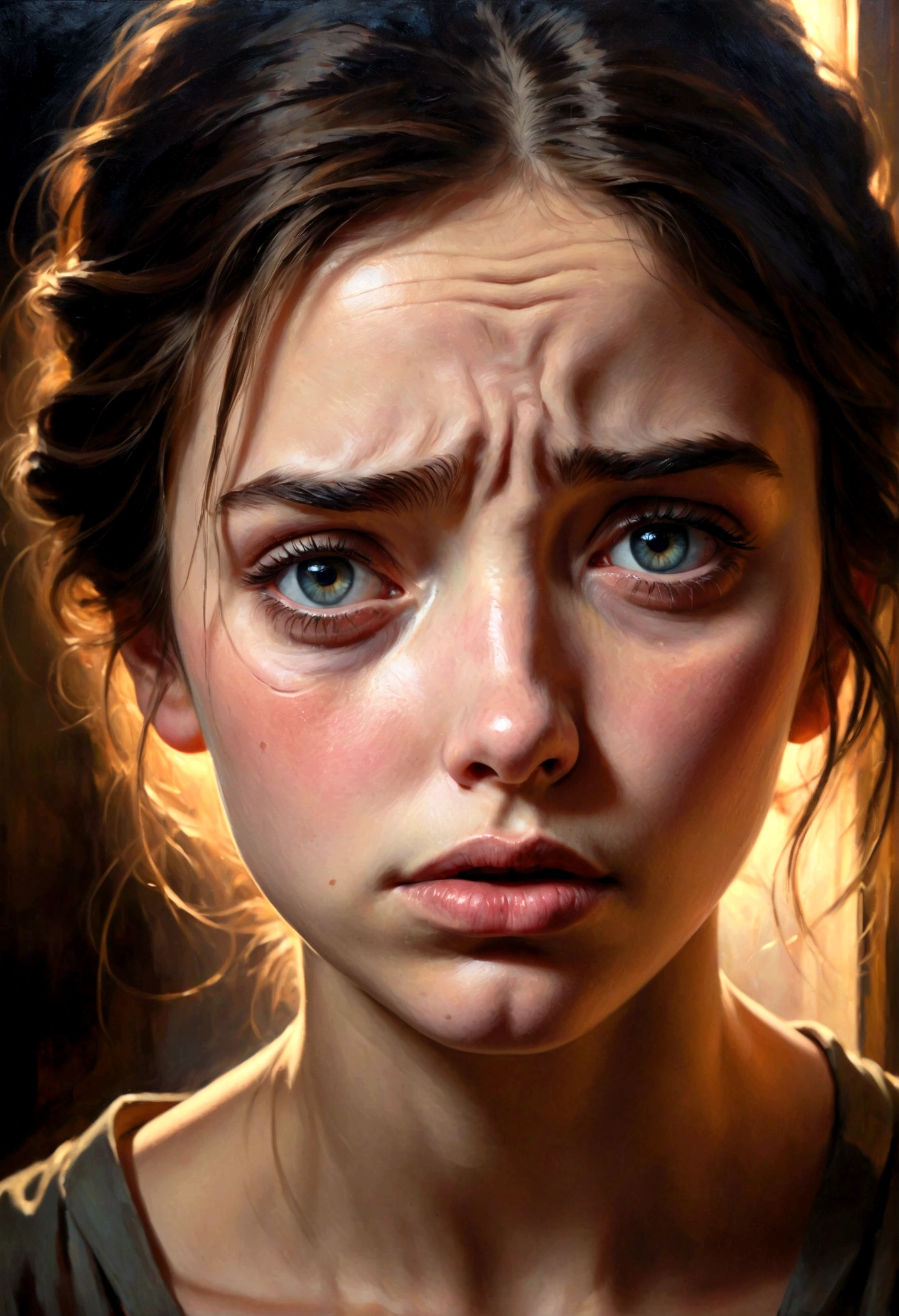 a distraught young woman, detailed face, beautiful eyes, detailed lips, emotional expression, dramatic lighting, moody atmosphere, oil painting, cinematic composition, muted color palette, dramatic chiaroscuro, masterpiece